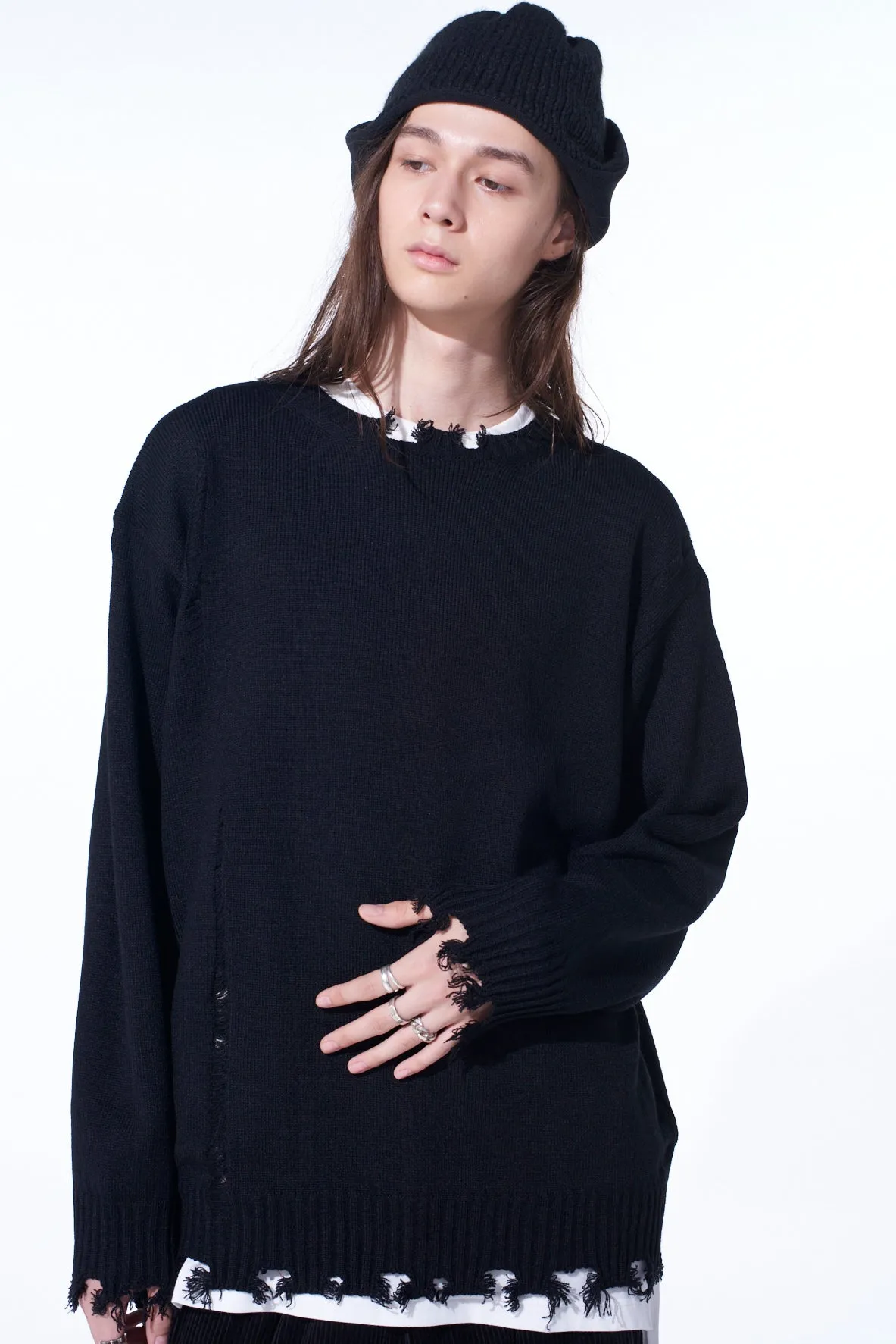 7G BULKY WOOL DAMAGE ROUND NECK PULLOVER