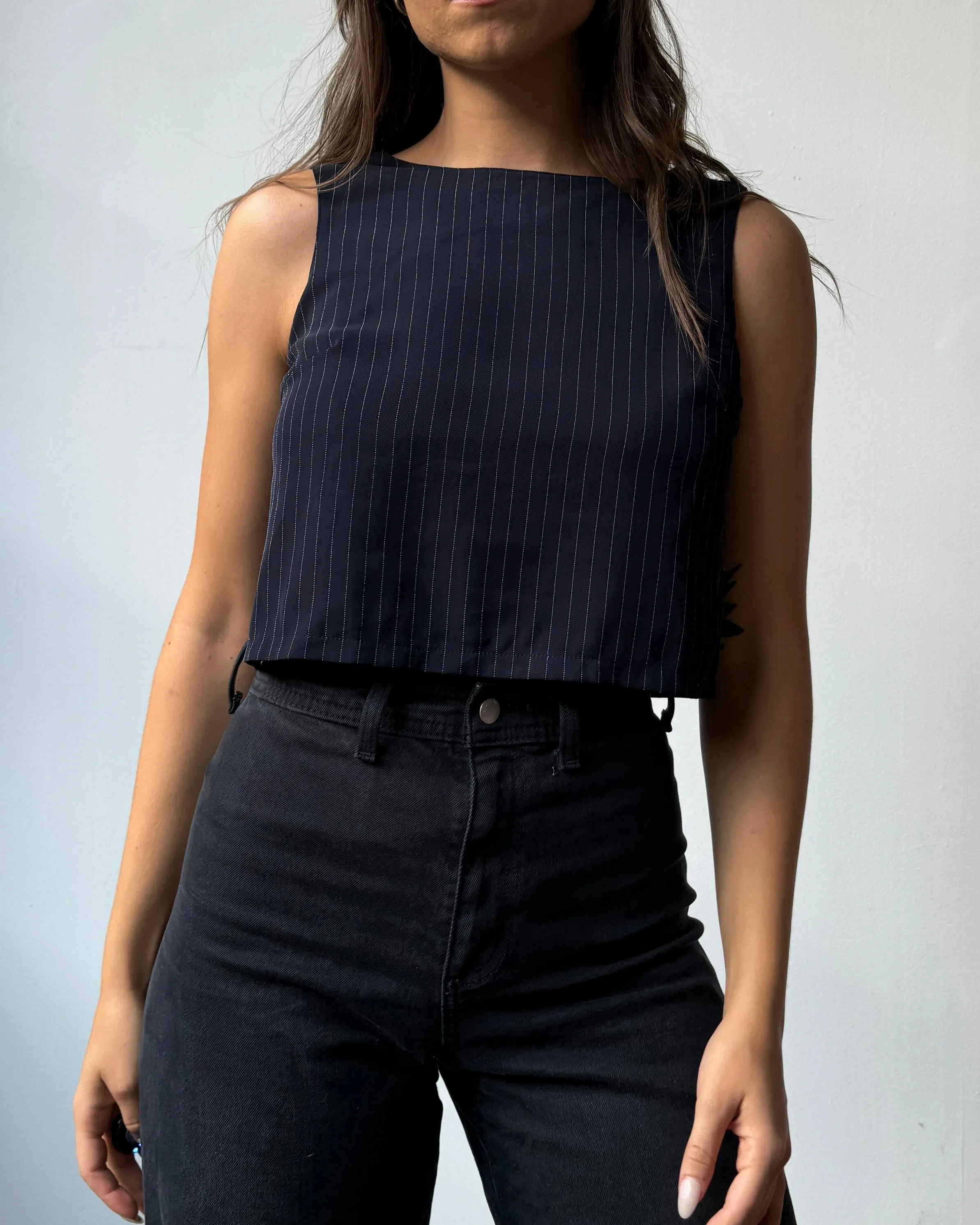 90's Navy Pinstripe Sleeveless Top - S