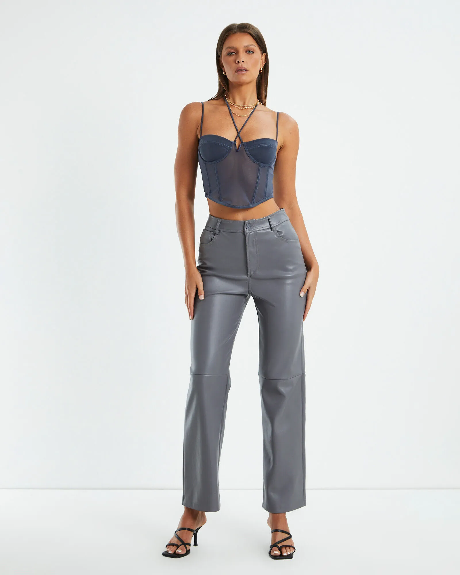 Alice In The Eve Karli Leather Look Straight Leg Pants Grey