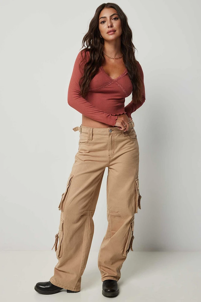 Ardene Ardene Mid Rise Wide Leg Cargo Jeans in Beige | Size | 100% Cotton