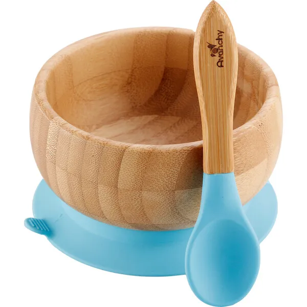 Avanchy Baby Bamboo Stay Put Suction Bowl + Spoon, Blue