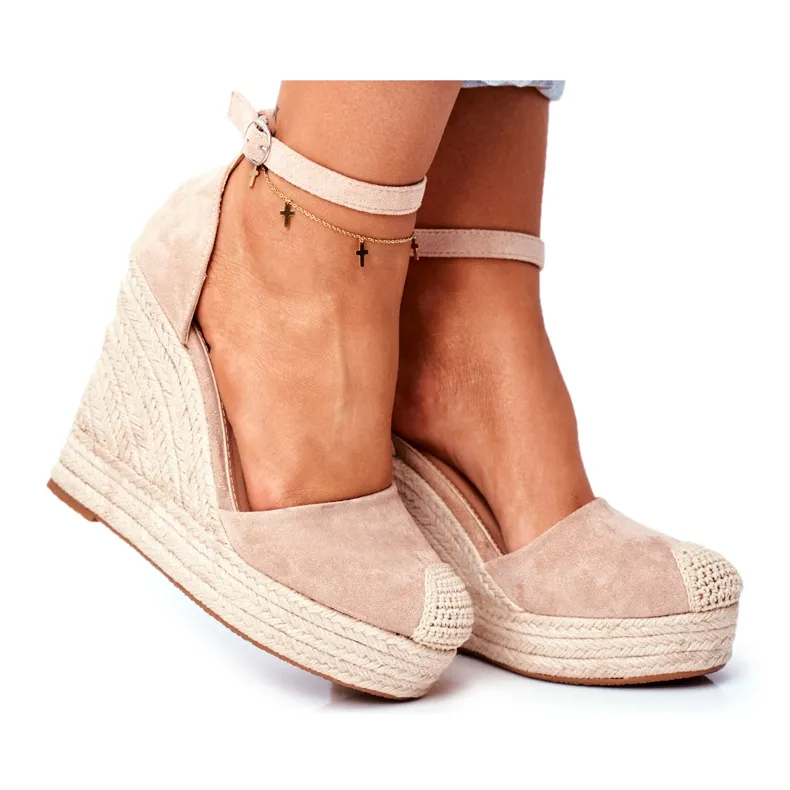 Avocado Beige Wedge Sandals With Braids