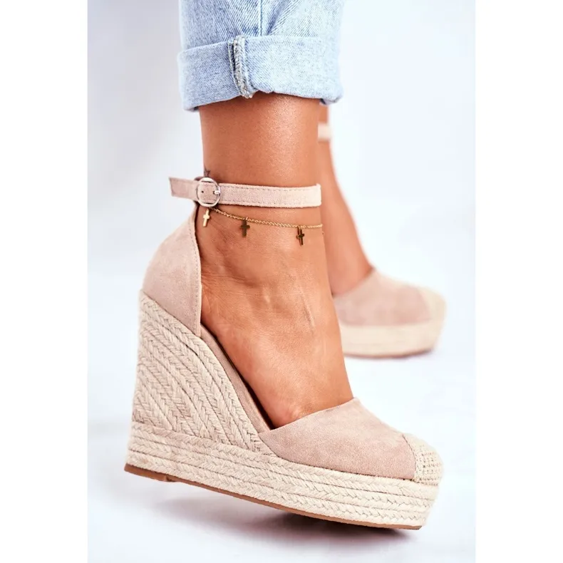 Avocado Beige Wedge Sandals With Braids