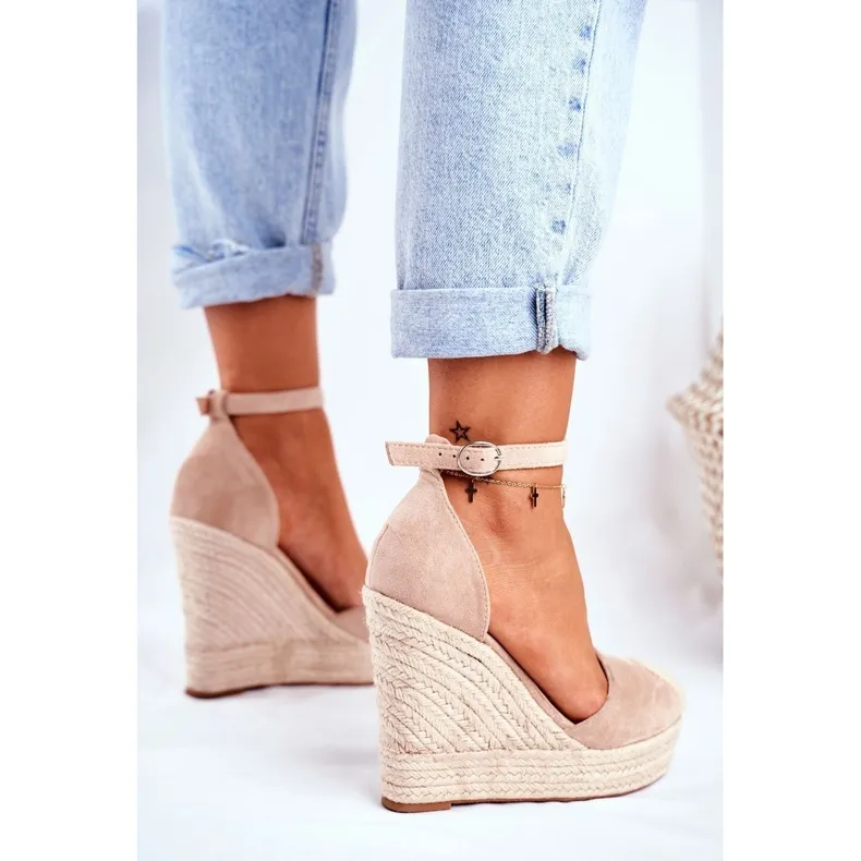 Avocado Beige Wedge Sandals With Braids