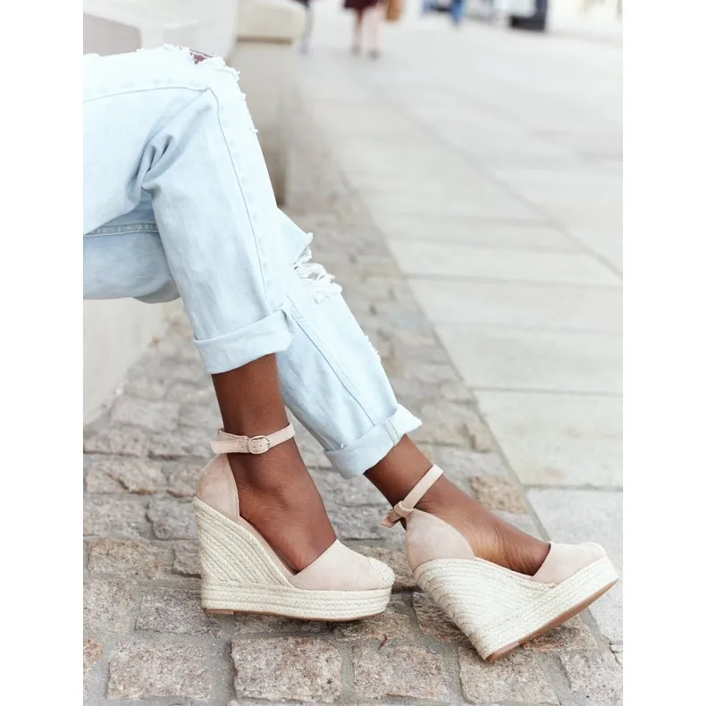 Avocado Beige Wedge Sandals With Braids