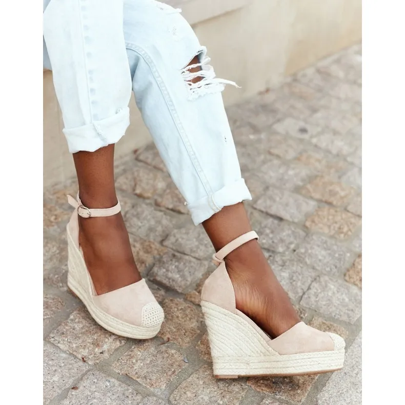 Avocado Beige Wedge Sandals With Braids