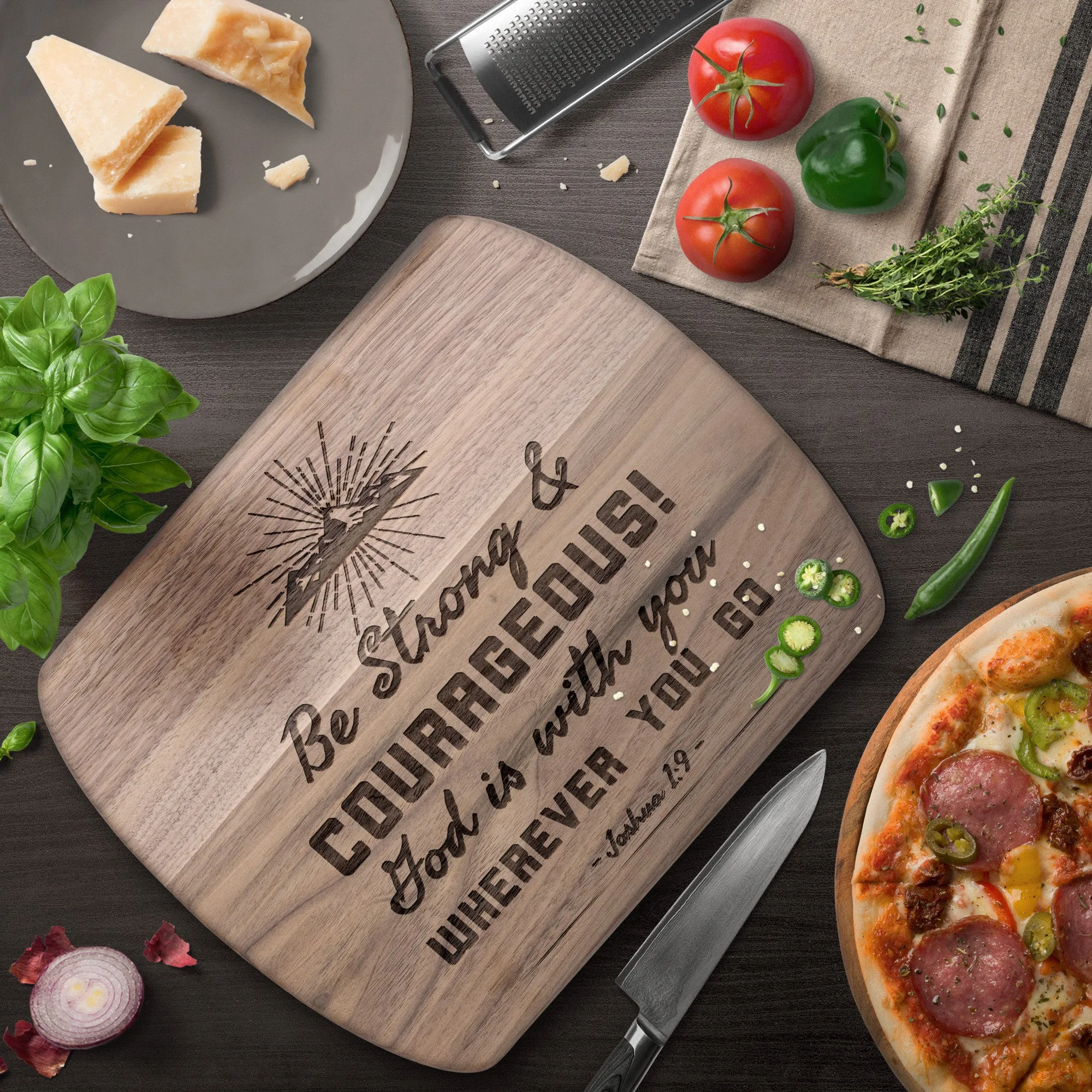 Bible Verse Hardwood Oval Cutting Board - Be Strong & Courageous ~Joshua 1:9~ Design 10