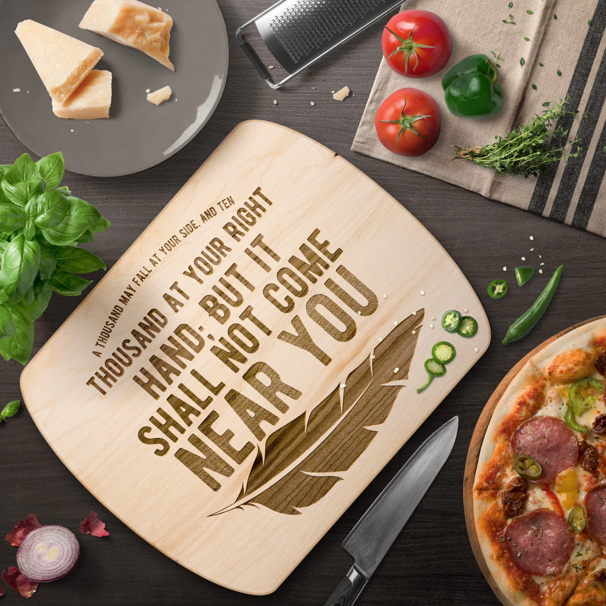 Bible Verse Hardwood Oval Cutting Board - It Shall Not Come Near You ~Psalm 91:7~ Design 4