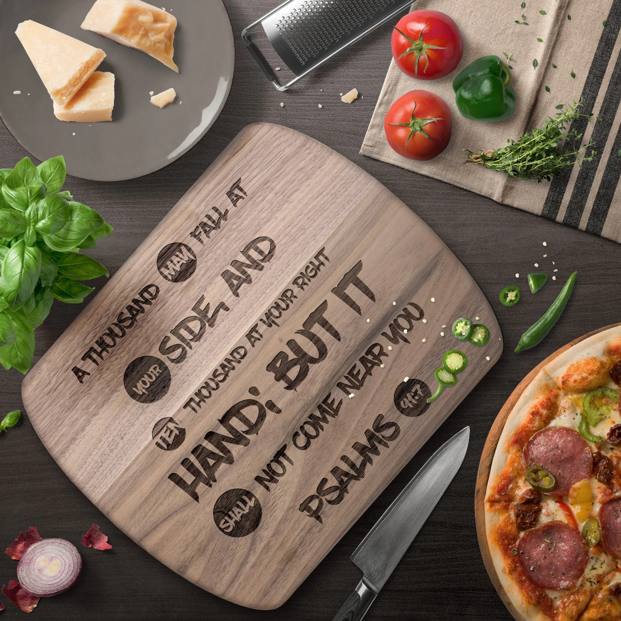 Bible Verse Hardwood Oval Cutting Board - It Shall Not Come Near You ~Psalm 91:7~ Design 9