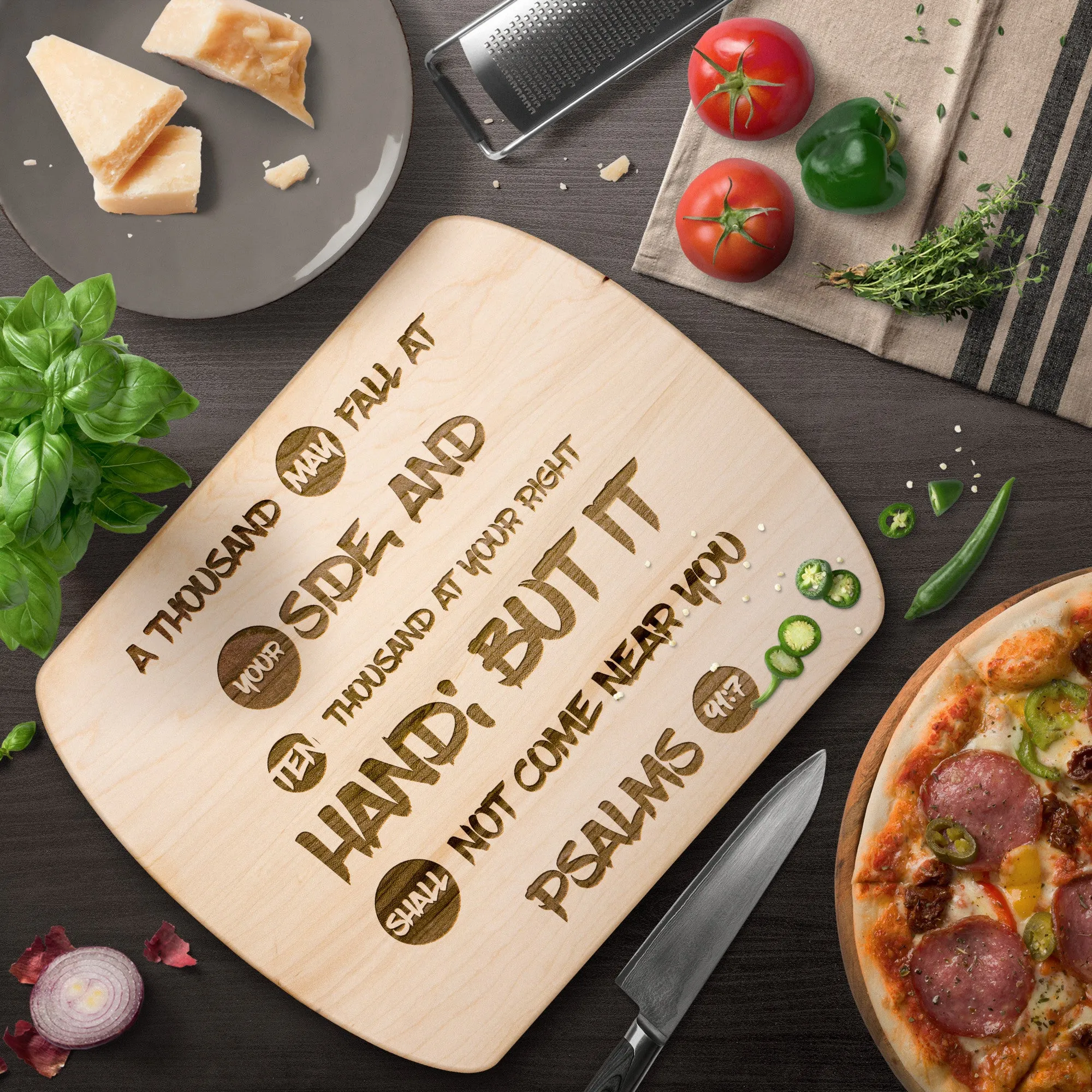 Bible Verse Hardwood Oval Cutting Board - It Shall Not Come Near You ~Psalm 91:7~ Design 9