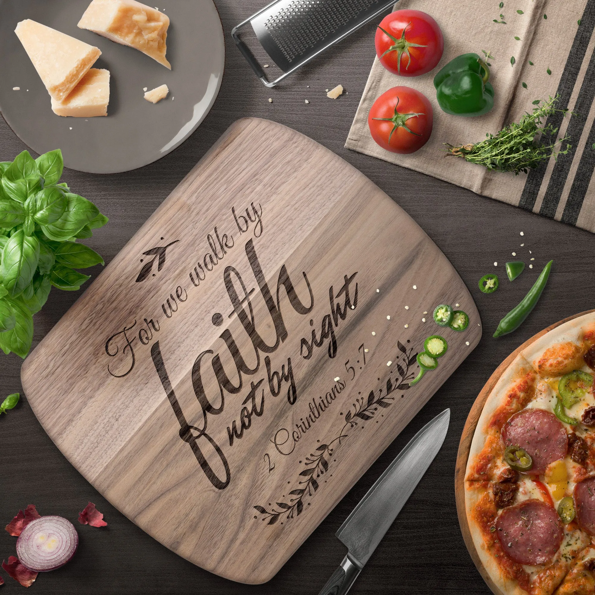 Bible Verse Hardwood Oval Cutting Board - Walk By Faith ~2 Corinthians 5-7~ Design 11