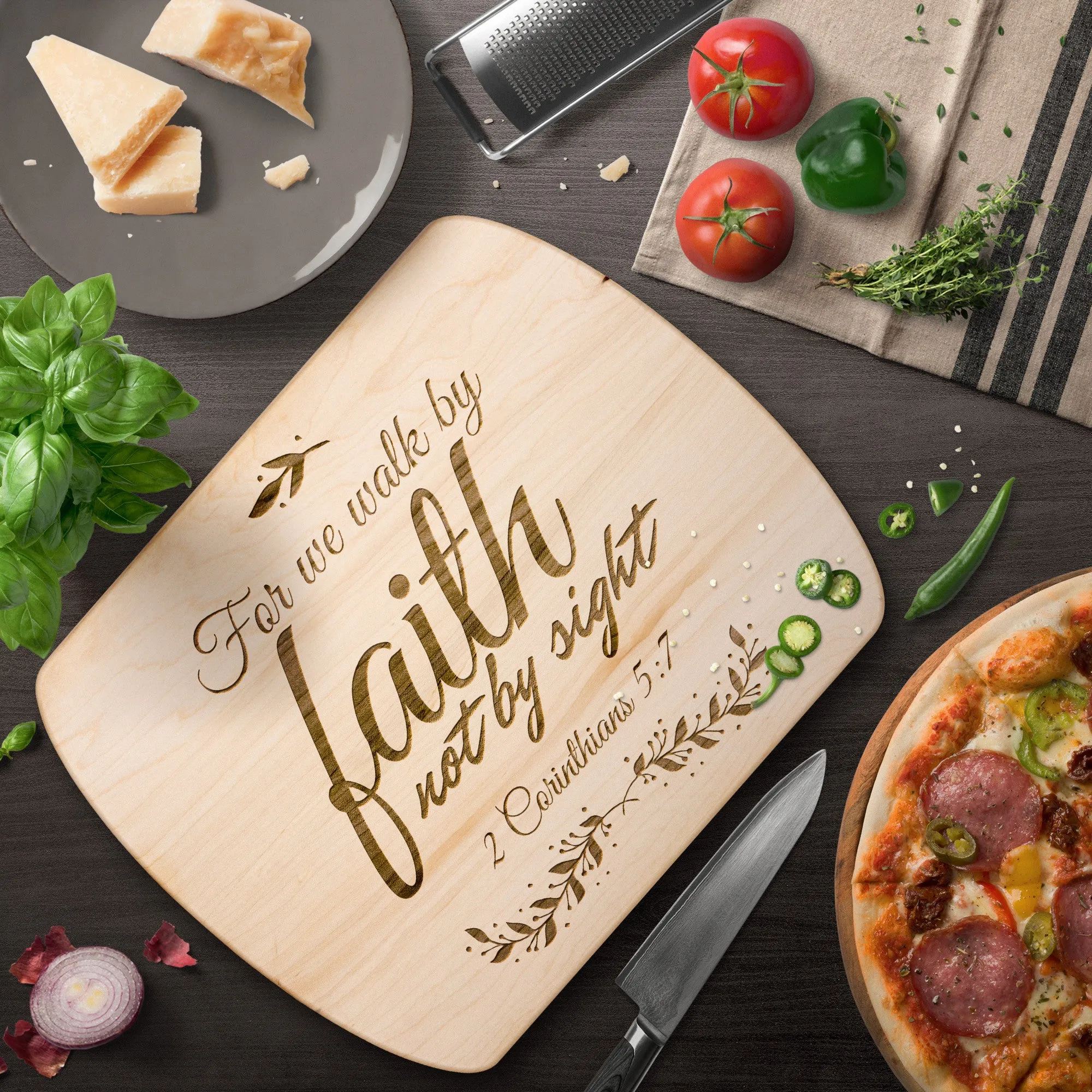 Bible Verse Hardwood Oval Cutting Board - Walk By Faith ~2 Corinthians 5-7~ Design 11