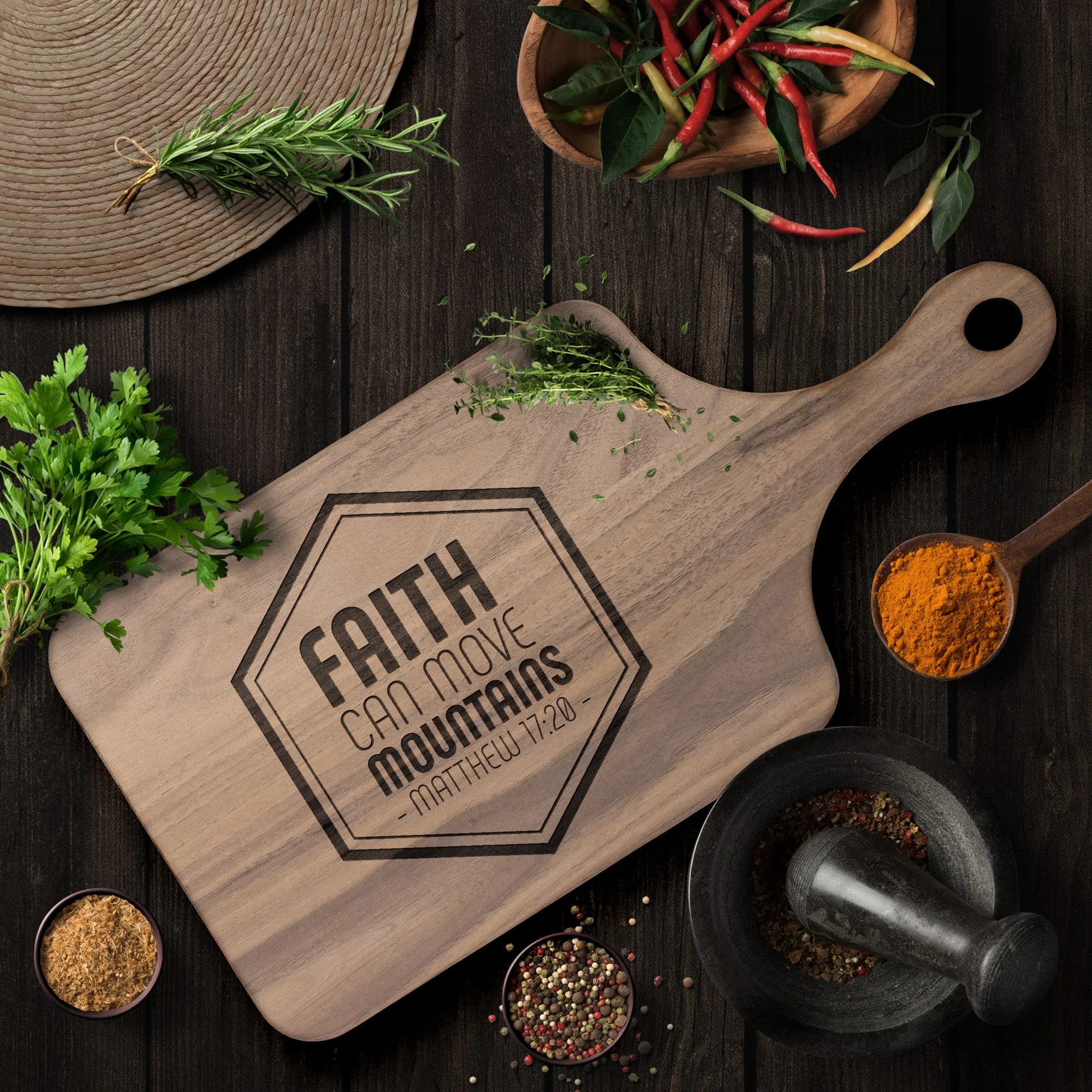 Bible Verse Hardwood Paddle Cutting Board - Faith Can Move Mountains ~Matthew 17:20~ Design 10