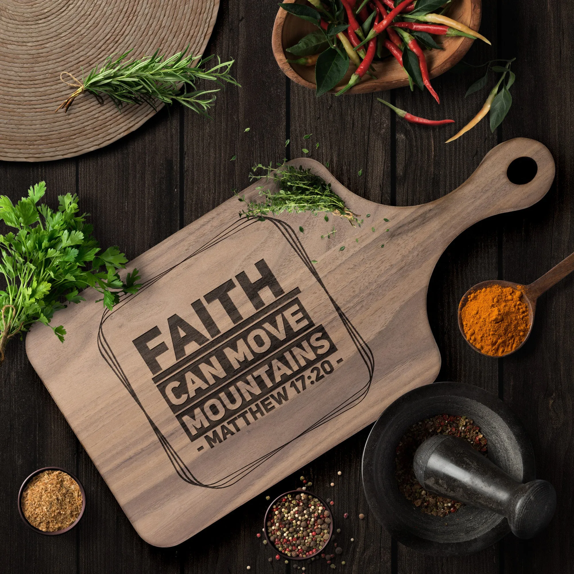 Bible Verse Hardwood Paddle Cutting Board - Faith Can Move Mountains ~Matthew 17:20~ Design 11