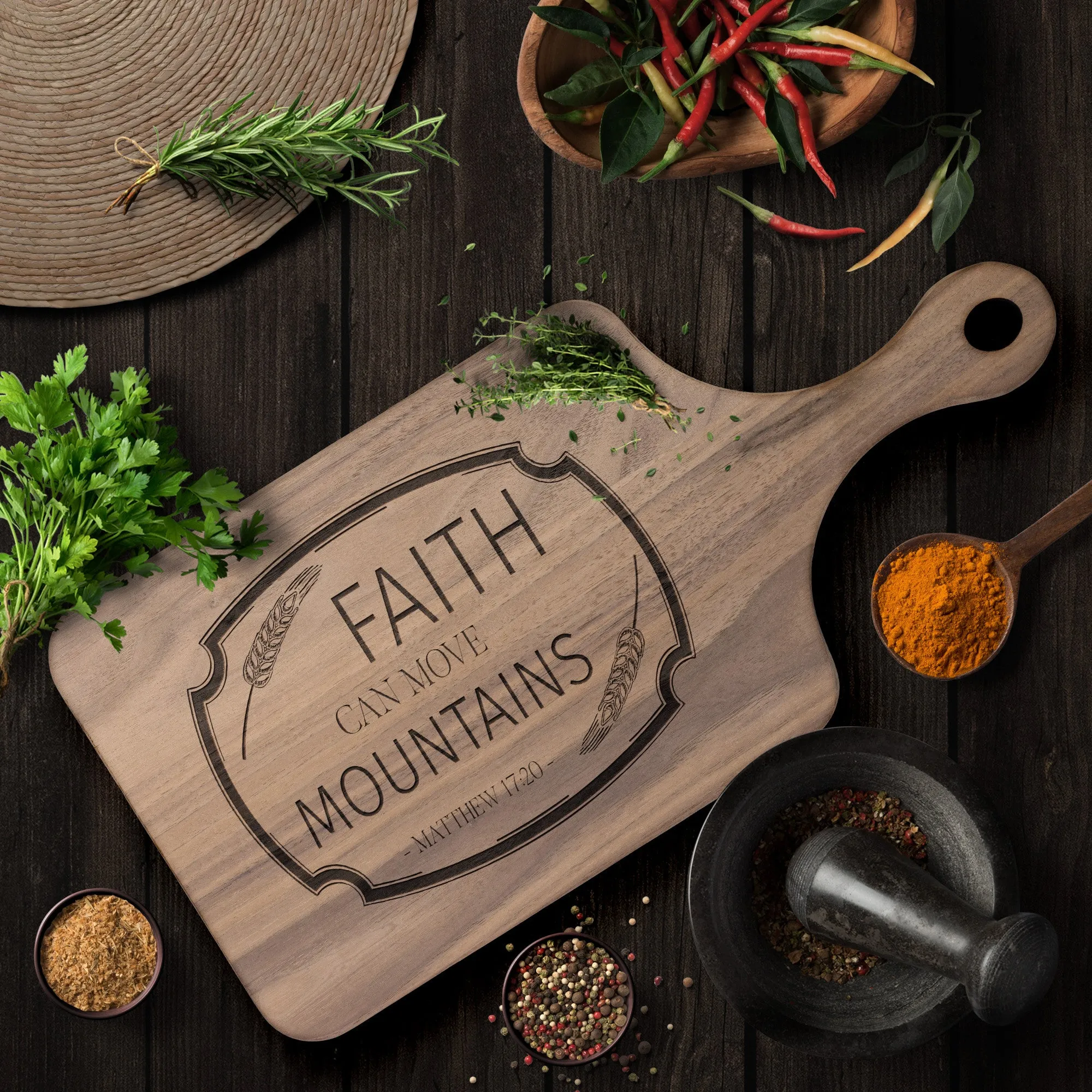 Bible Verse Hardwood Paddle Cutting Board - Faith Can Move Mountains ~Matthew 17:20~ Design 13