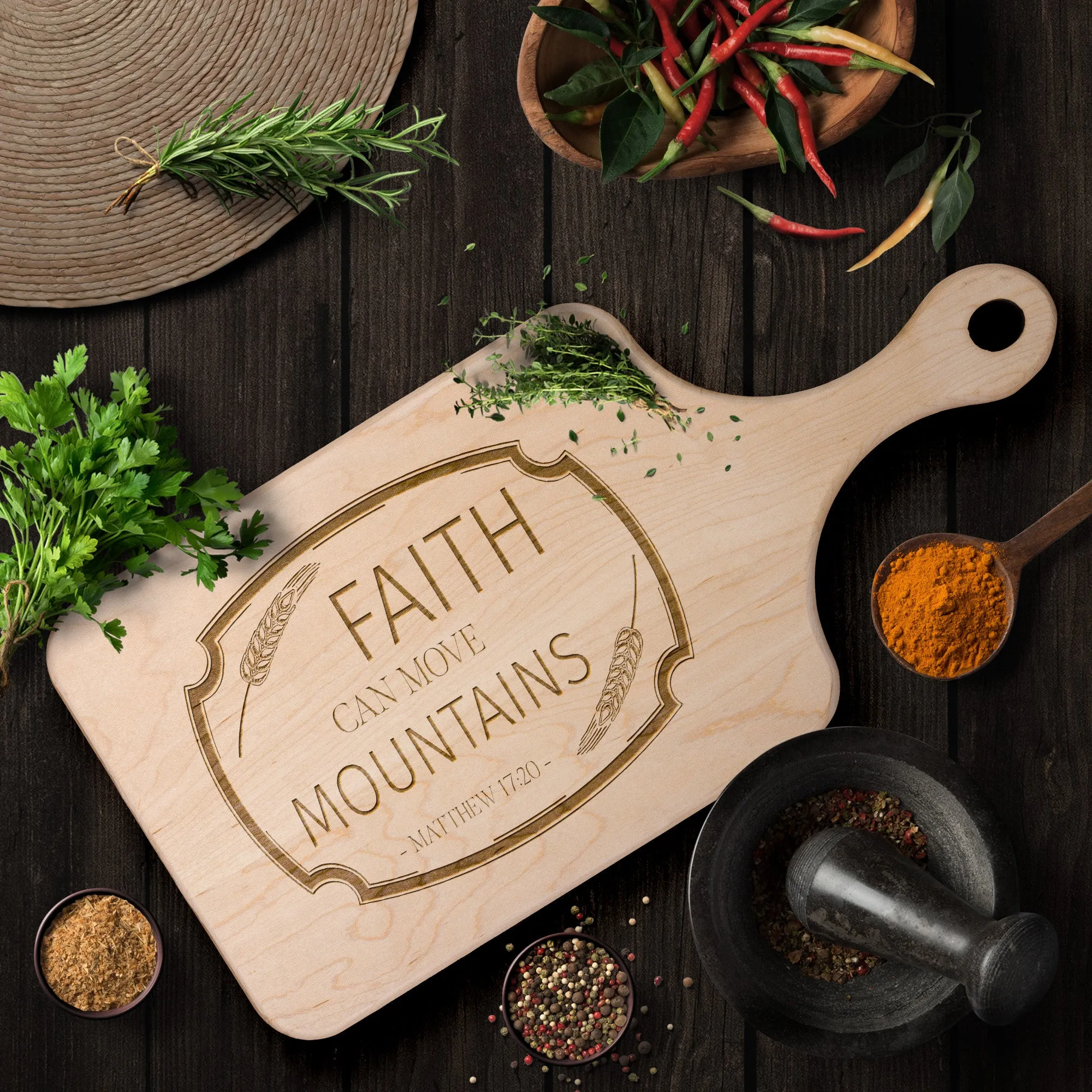 Bible Verse Hardwood Paddle Cutting Board - Faith Can Move Mountains ~Matthew 17:20~ Design 13