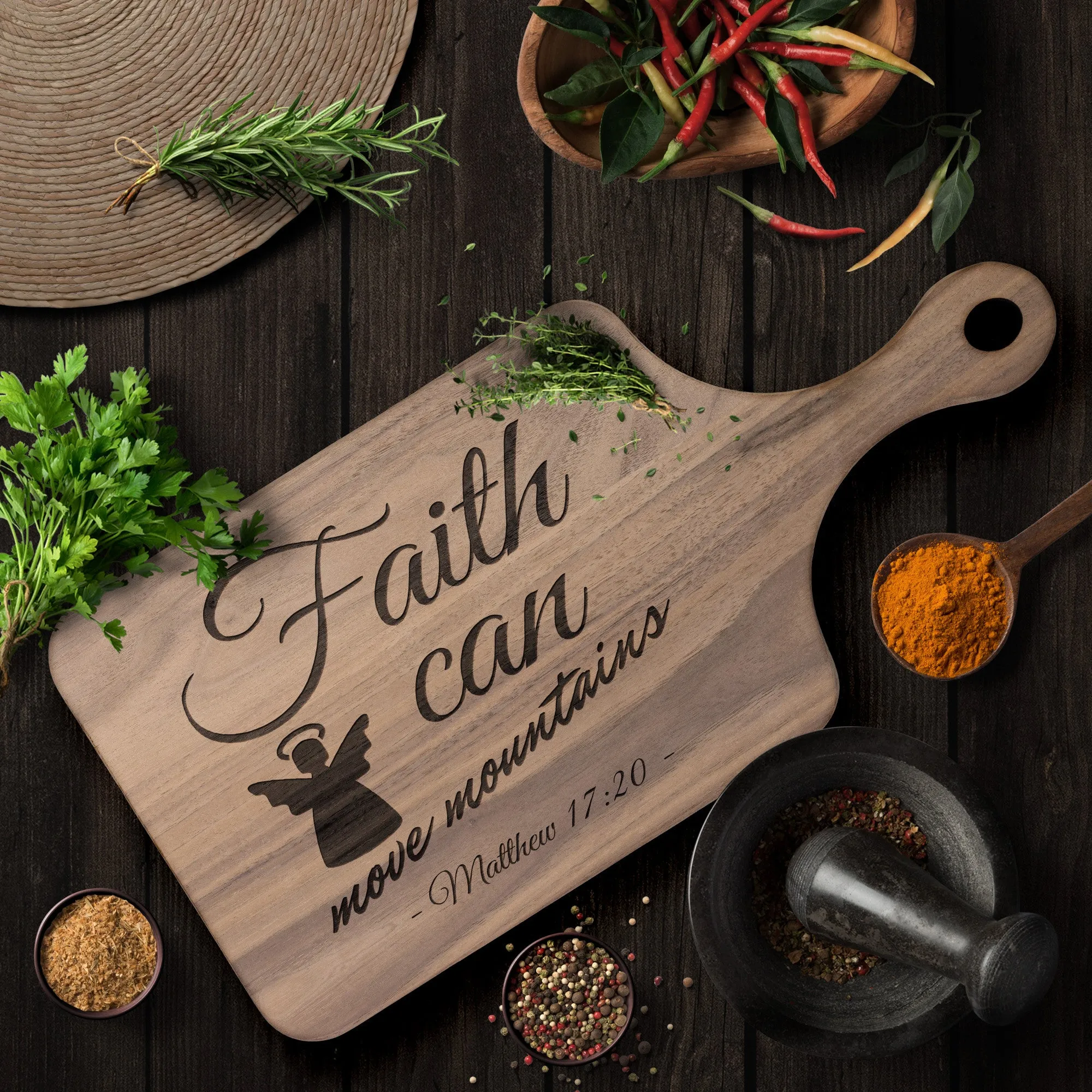 Bible Verse Hardwood Paddle Cutting Board - Faith Can Move Mountains ~Matthew 17:20~ Design 17