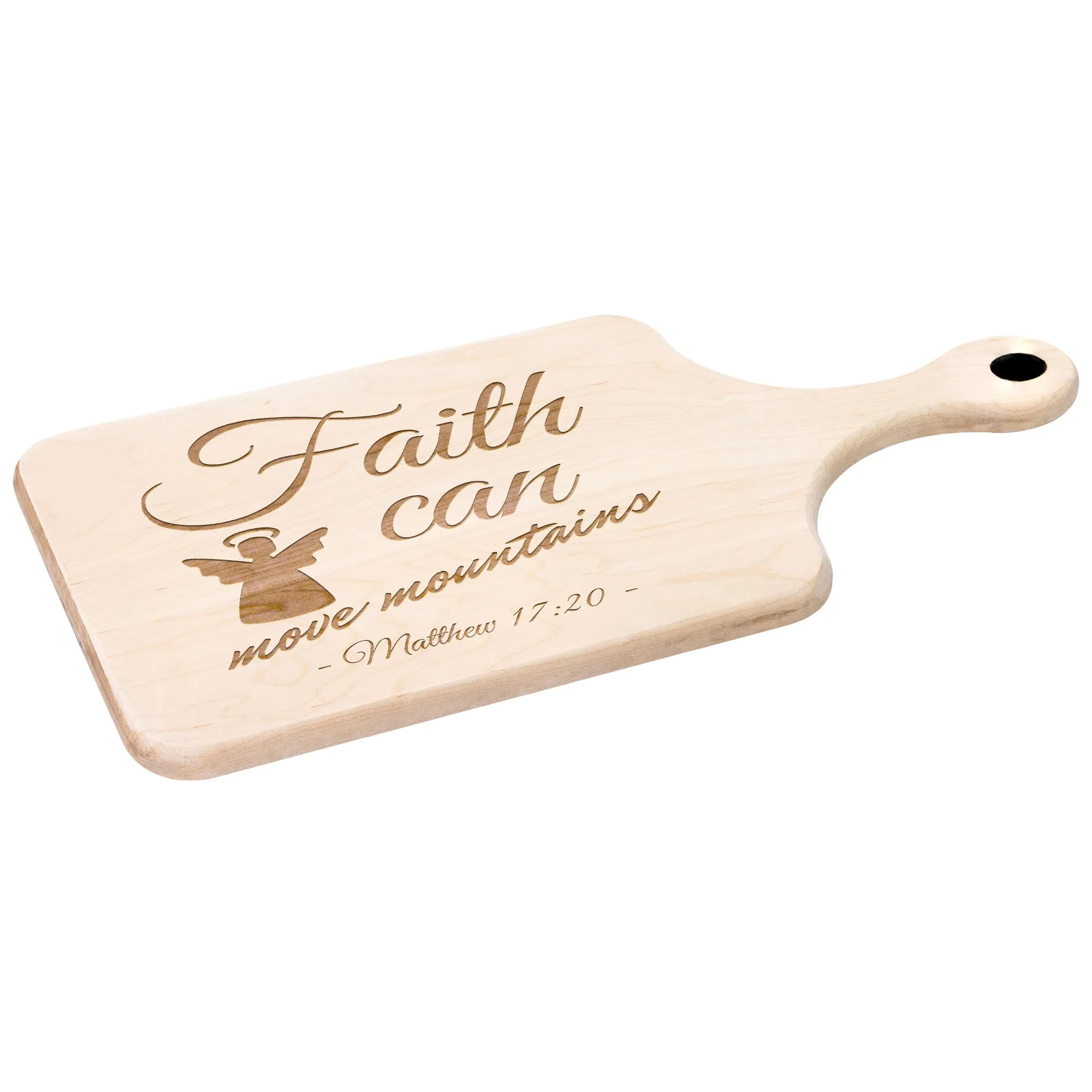 Bible Verse Hardwood Paddle Cutting Board - Faith Can Move Mountains ~Matthew 17:20~ Design 17