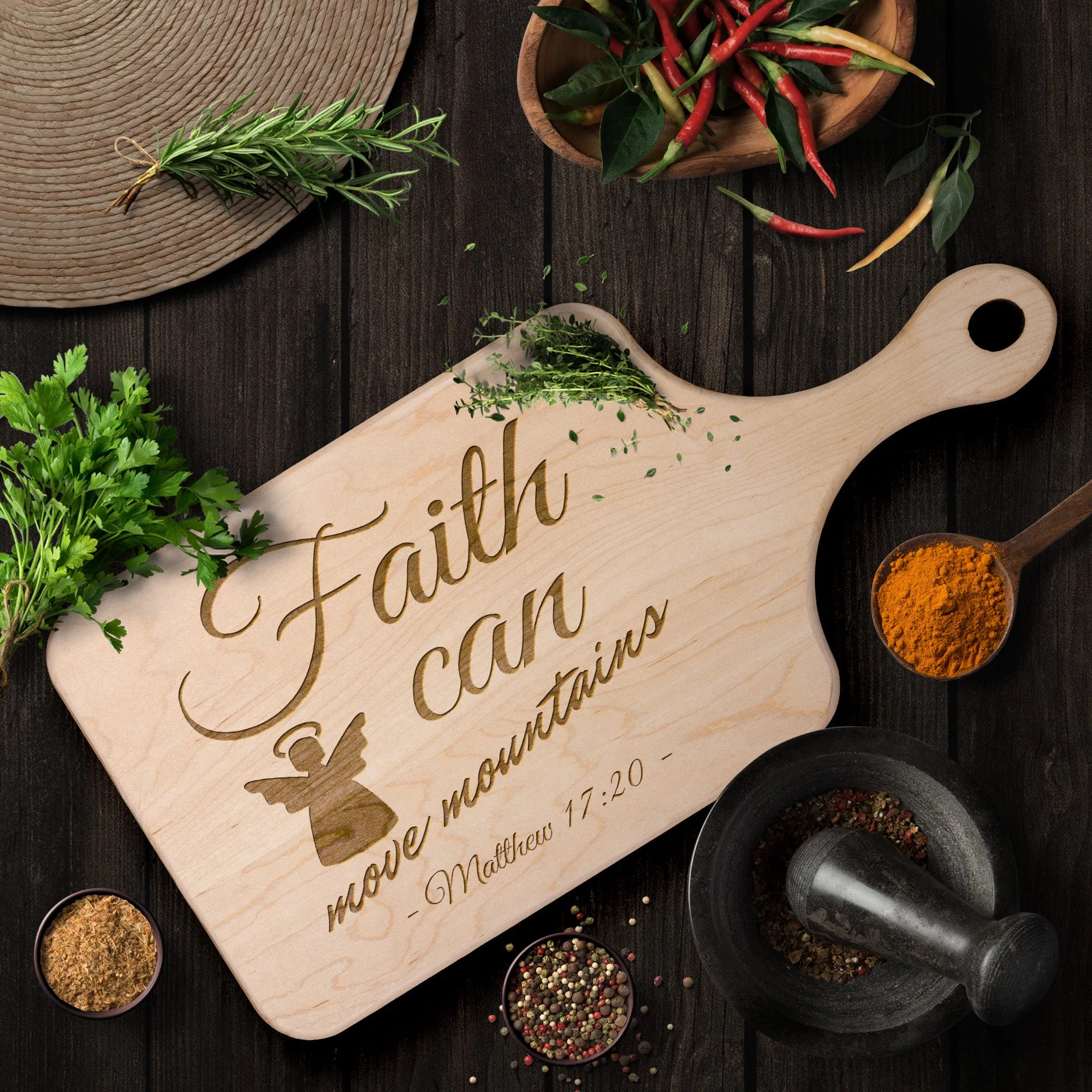 Bible Verse Hardwood Paddle Cutting Board - Faith Can Move Mountains ~Matthew 17:20~ Design 17