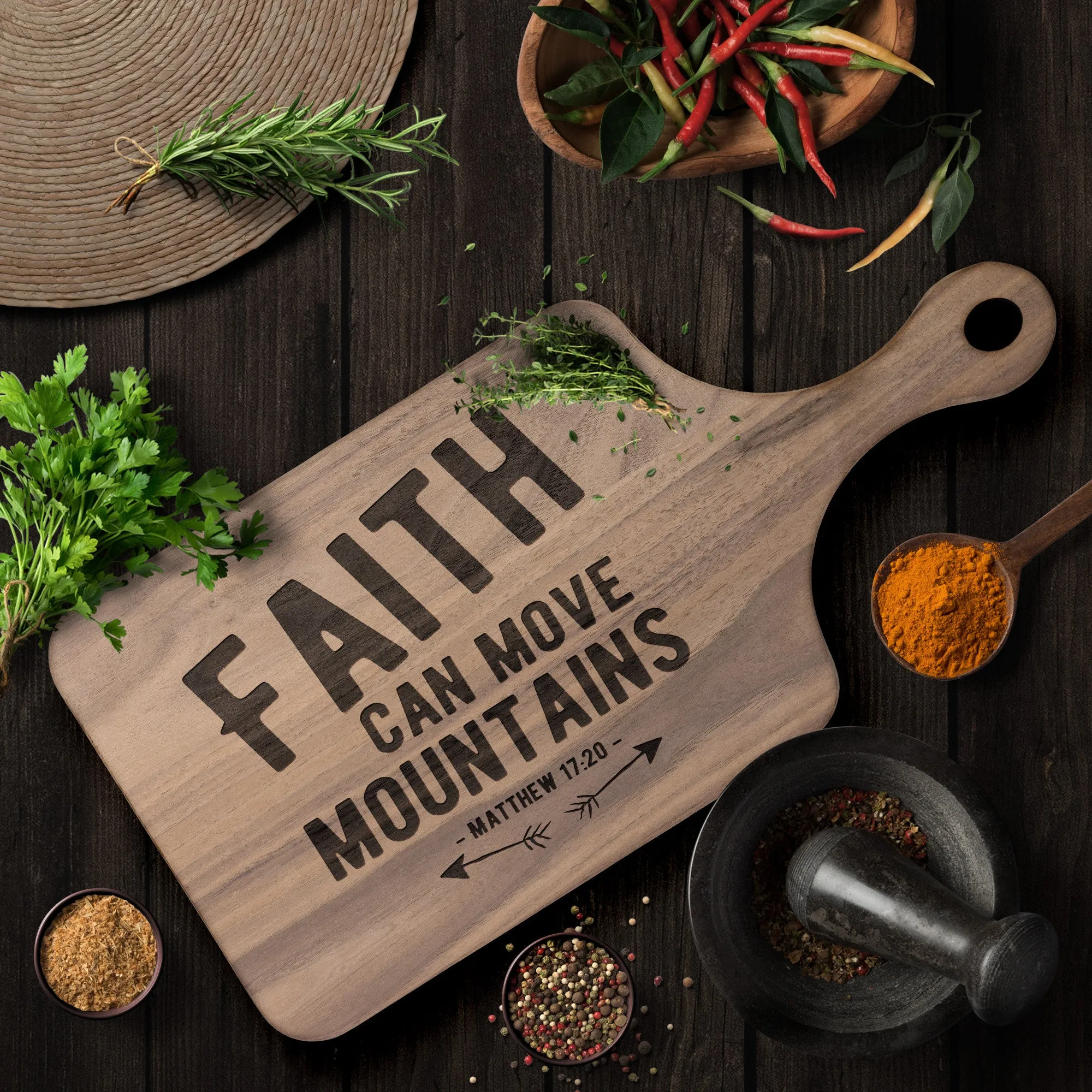 Bible Verse Hardwood Paddle Cutting Board - Faith Can Move Mountains ~Matthew 17:20~ Design 1