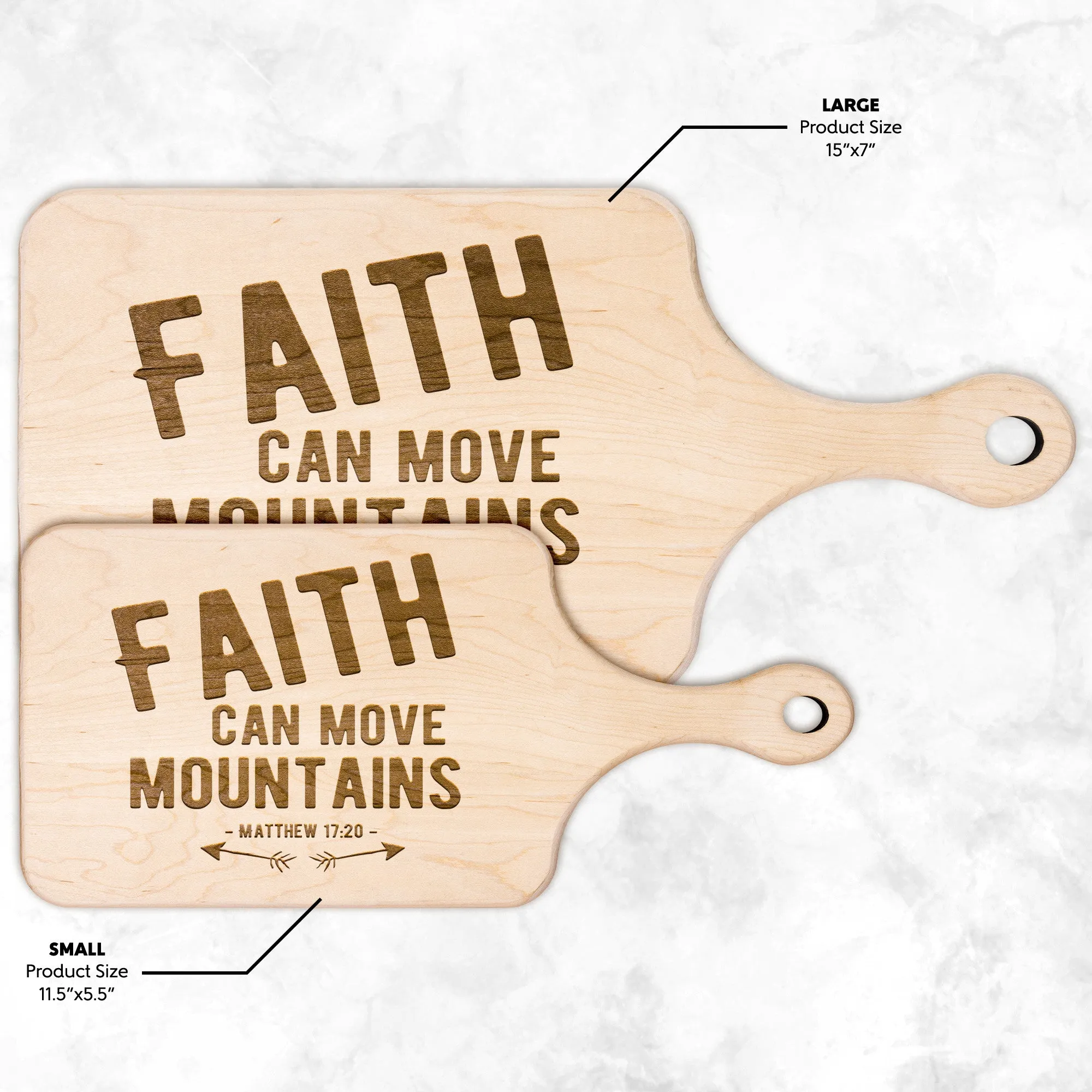 Bible Verse Hardwood Paddle Cutting Board - Faith Can Move Mountains ~Matthew 17:20~ Design 1