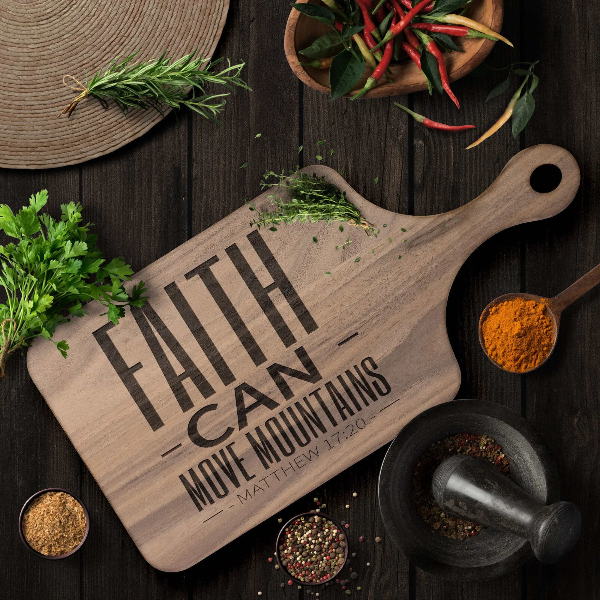 Bible Verse Hardwood Paddle Cutting Board - Faith Can Move Mountains ~Matthew 17:20~ Design 20