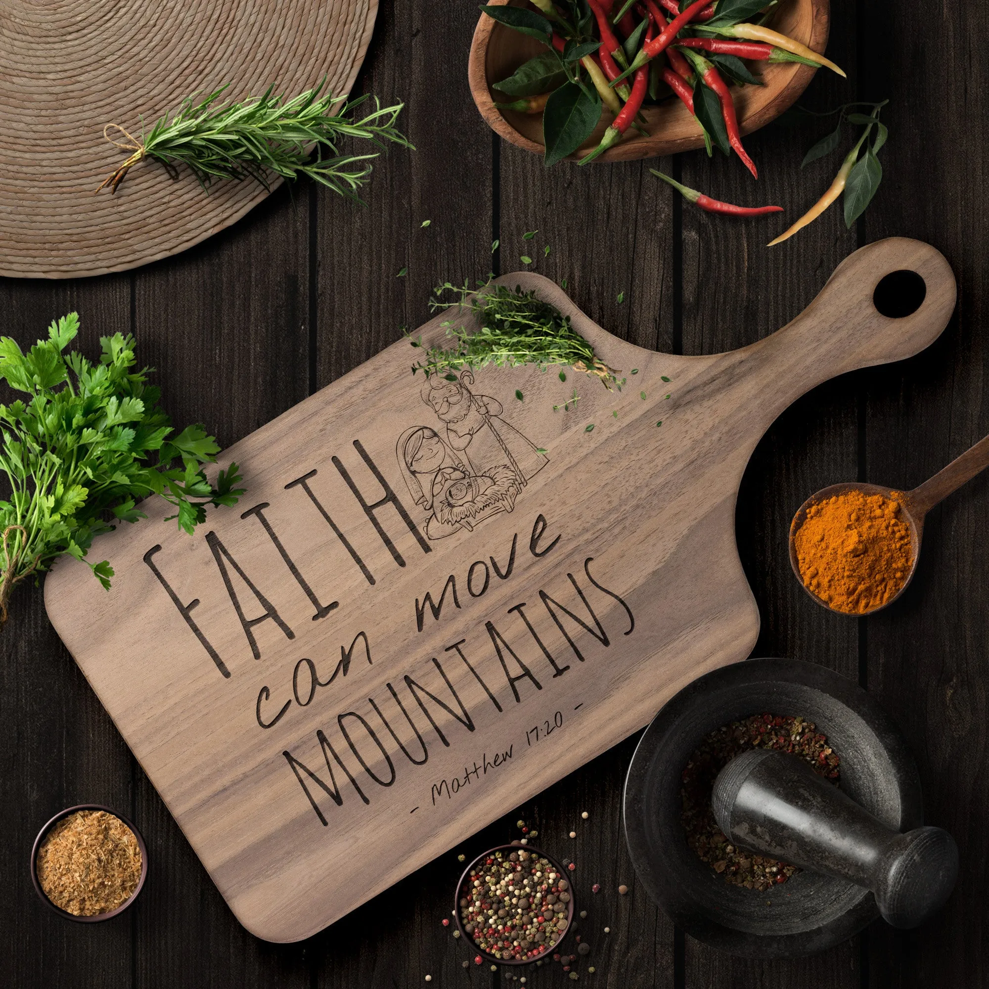 Bible Verse Hardwood Paddle Cutting Board - Faith Can Move Mountains ~Matthew 17:20~ Design 3