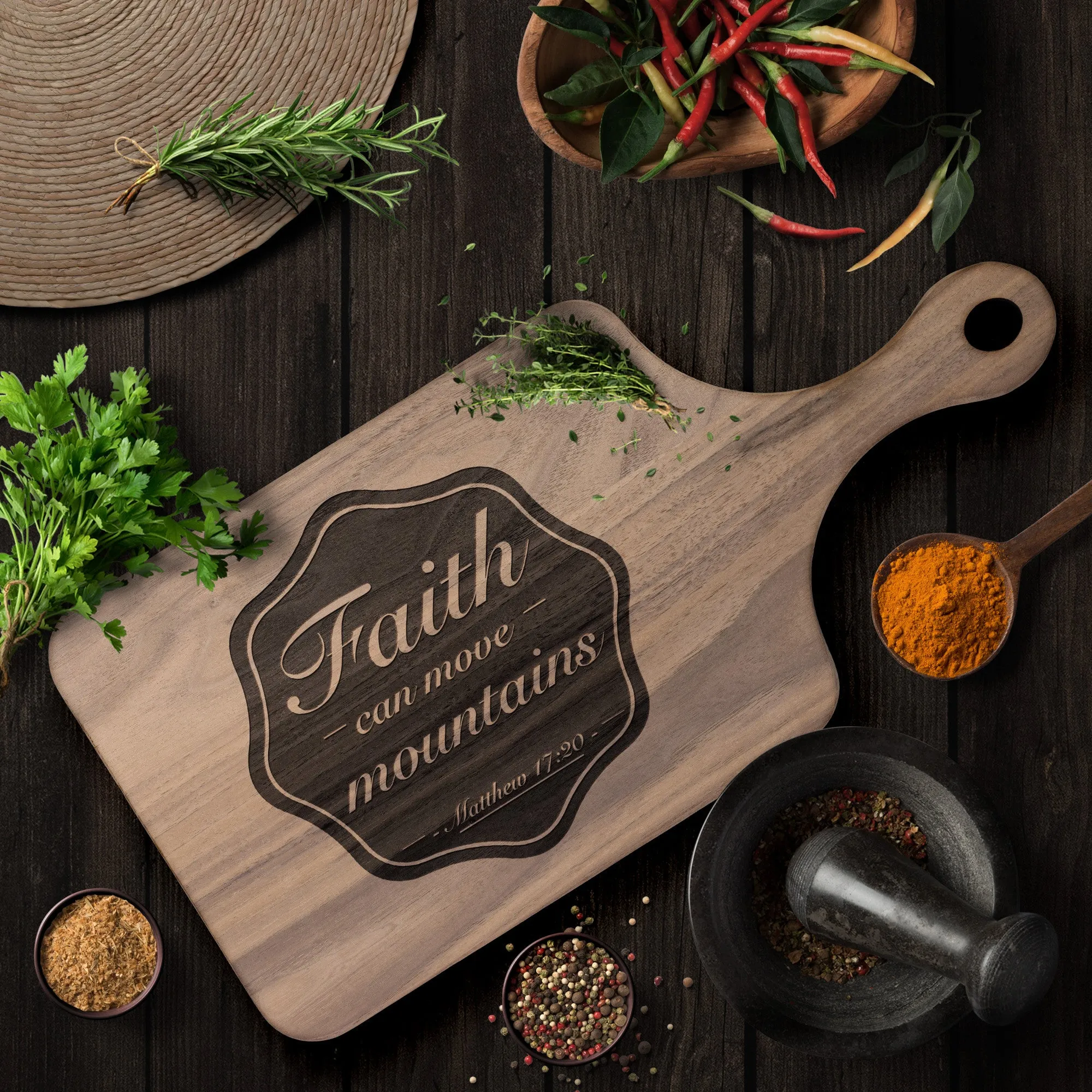 Bible Verse Hardwood Paddle Cutting Board - Faith Can Move Mountains ~Matthew 17:20~ Design 6