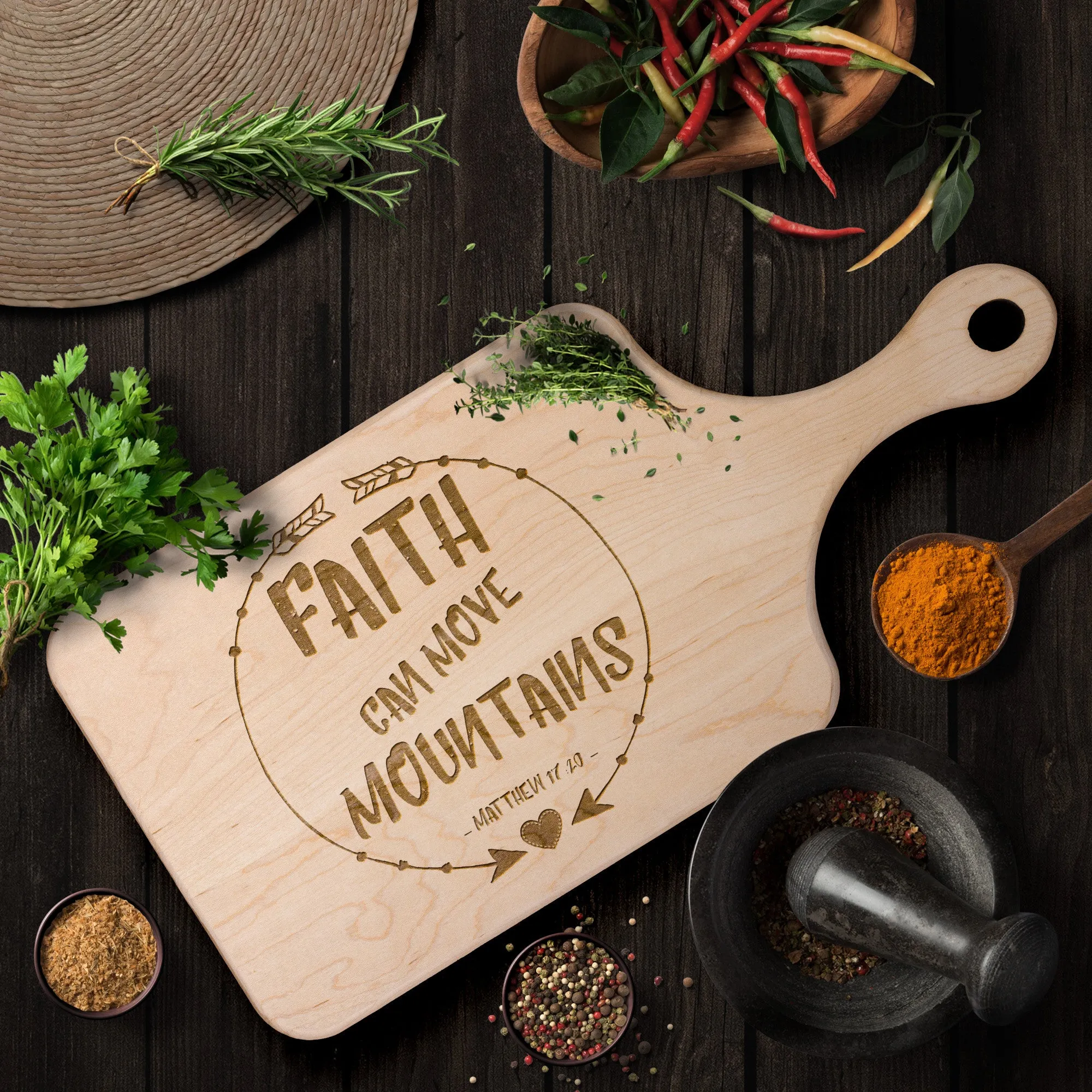 Bible Verse Hardwood Paddle Cutting Board - Faith Can Move Mountains ~Matthew 17:20~ Design 7