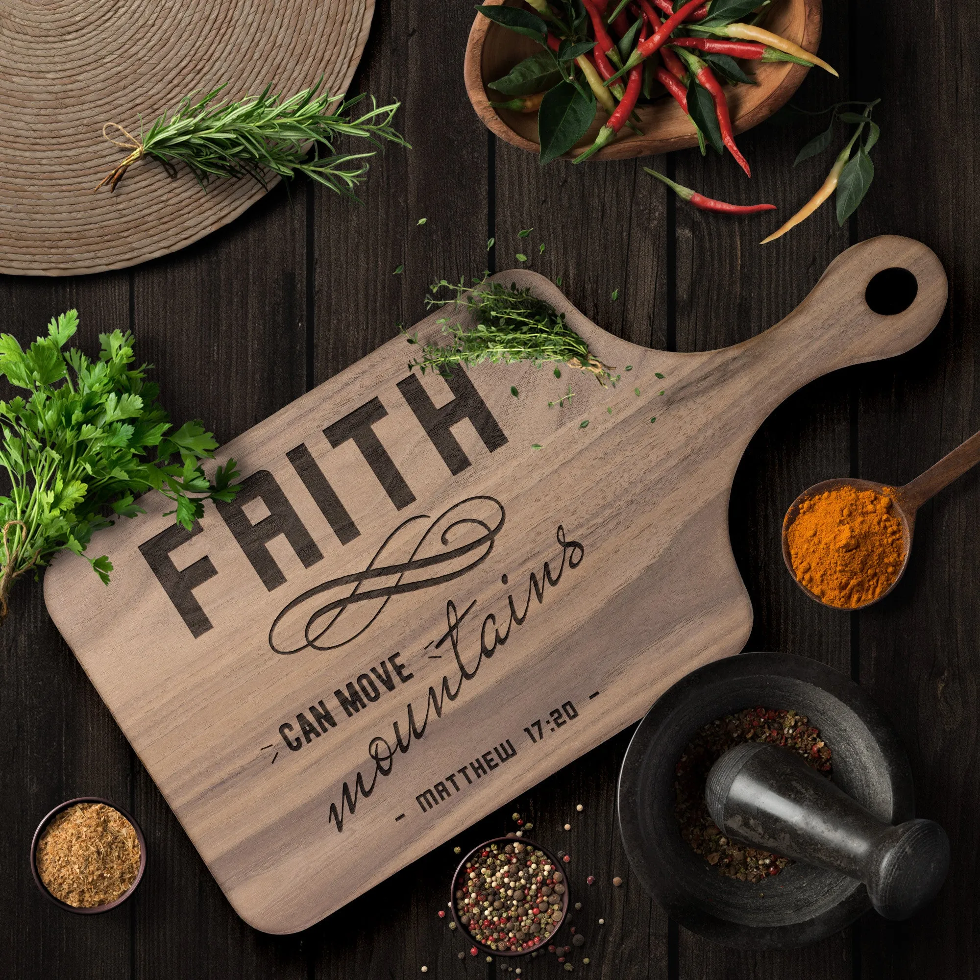 Bible Verse Hardwood Paddle Cutting Board - Faith Can Move Mountains ~Matthew 17:20~ Design 8