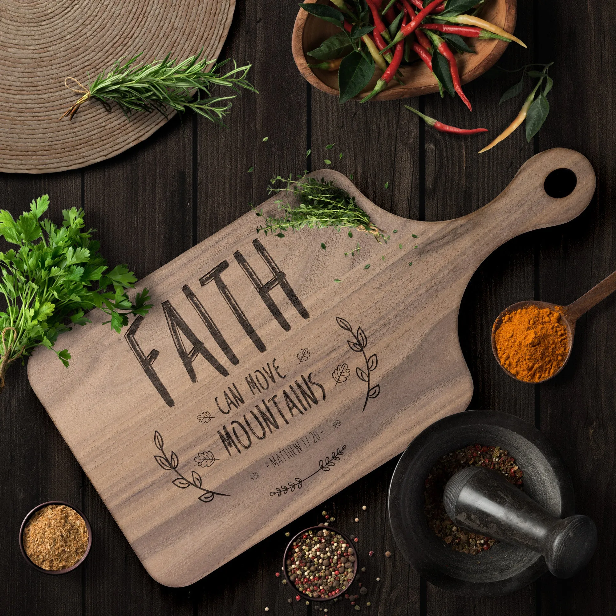 Bible Verse Hardwood Paddle Cutting Board - Faith Can Move Mountains ~Matthew 17:20~ Design 9