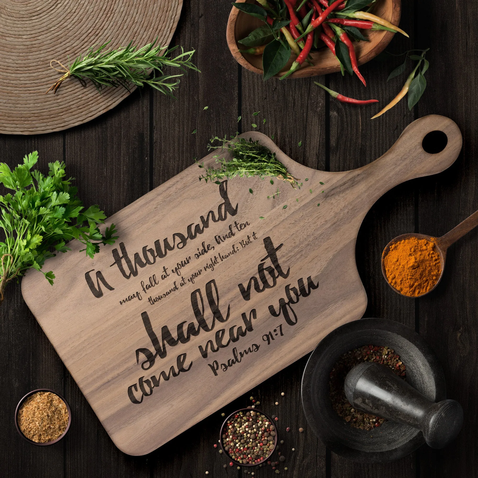 Bible Verse Hardwood Paddle Cutting Board - It Shall Not Come Near You ~Psalm 91:7~ Design 5