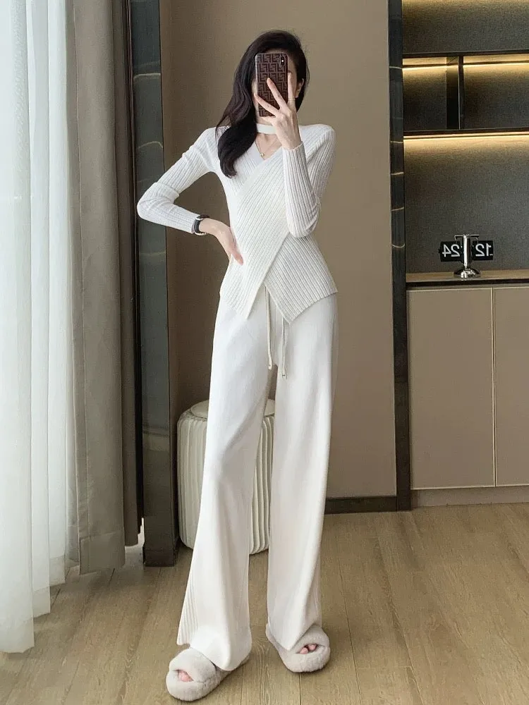 Casual fashion, age-reducing temperament, socialite's slim fit knitted top, sports wide-leg pants two-piece suit, women's autumn