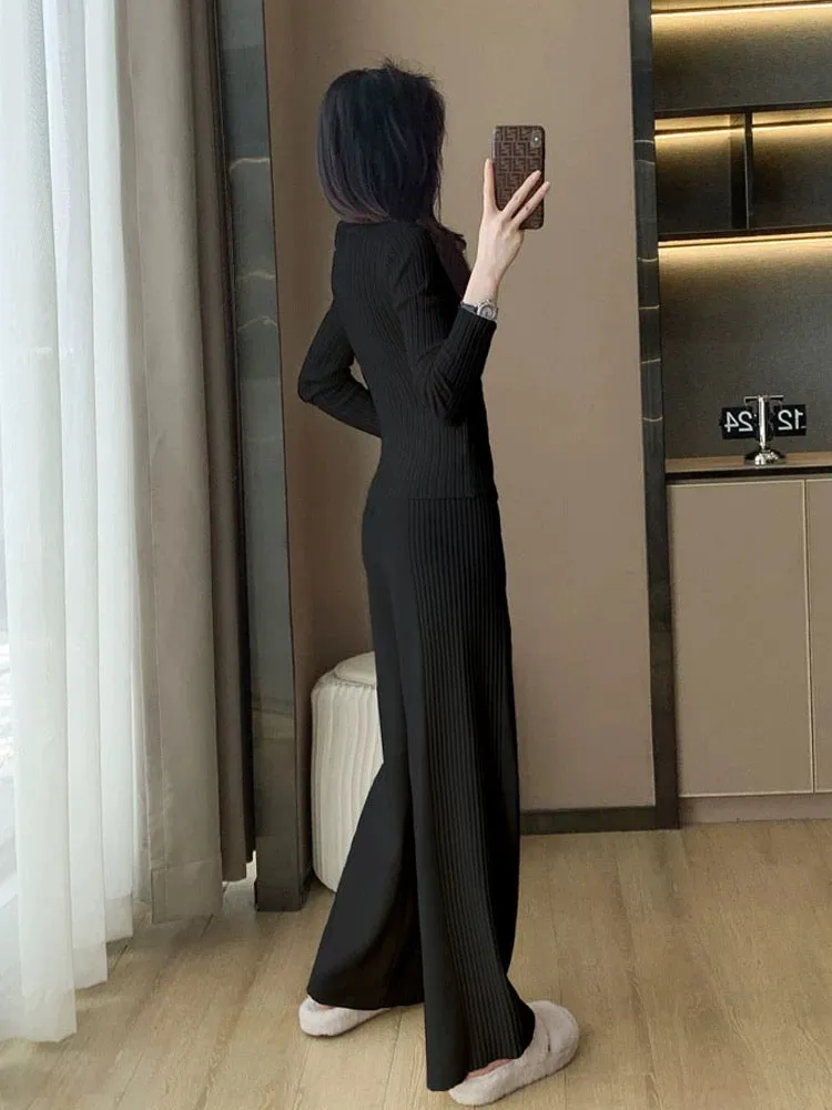 Casual fashion, age-reducing temperament, socialite's slim fit knitted top, sports wide-leg pants two-piece suit, women's autumn