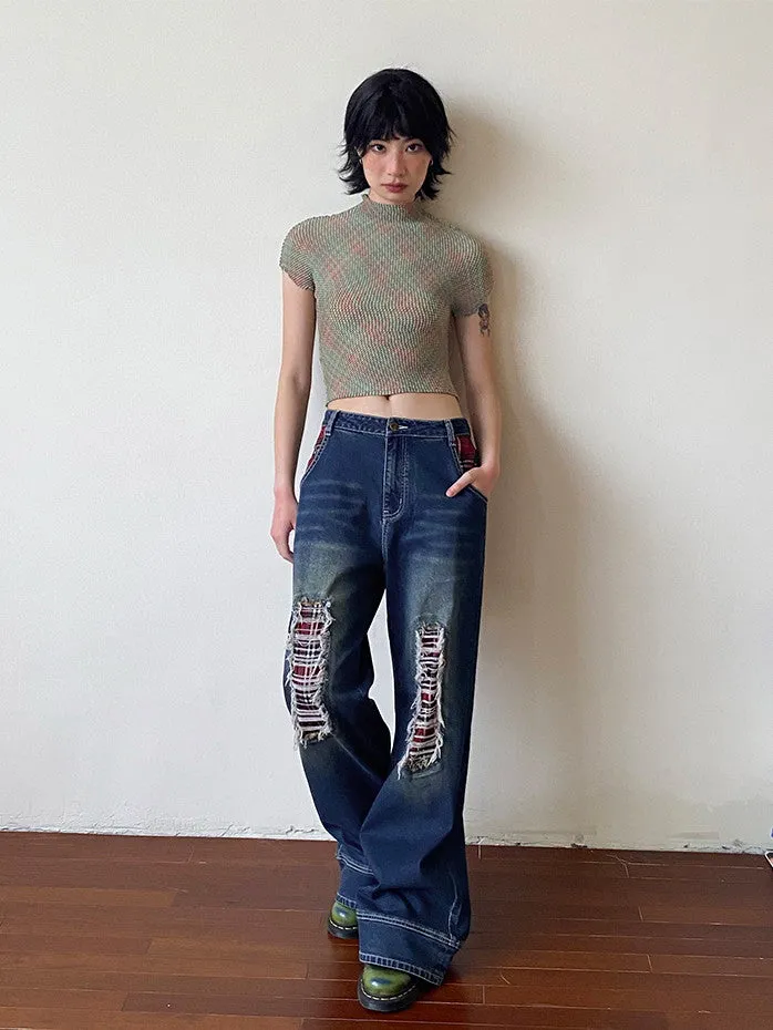 Crash Damage Wide-Leg Casual Denim Pants