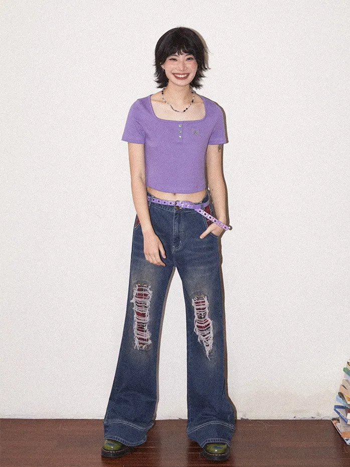 Crash Damage Wide-Leg Casual Denim Pants