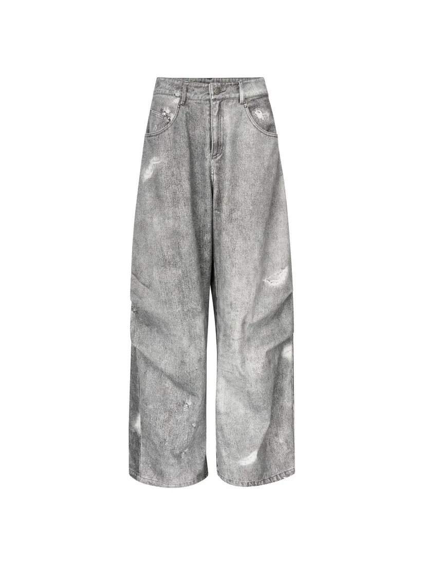 Denim Vintage Crush Pale Loose Damege Wide-Pants