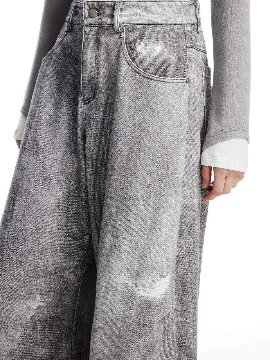 Denim Vintage Crush Pale Loose Damege Wide-Pants