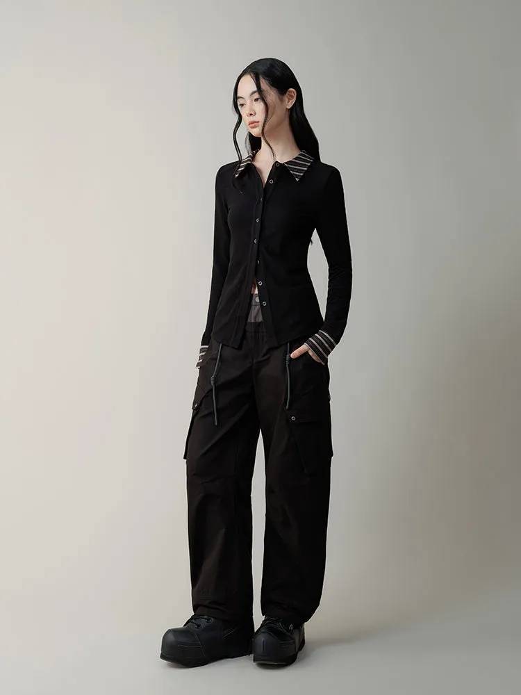 Double Waist Splicing Drawstring Wide Leg Pants