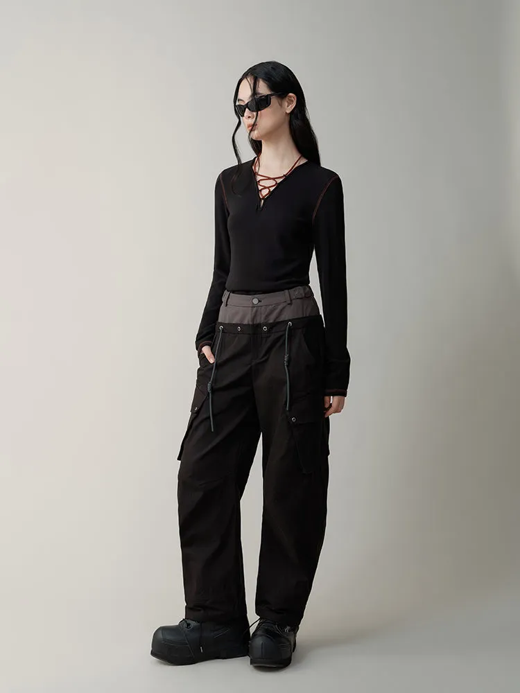 Double Waist Splicing Drawstring Wide Leg Pants