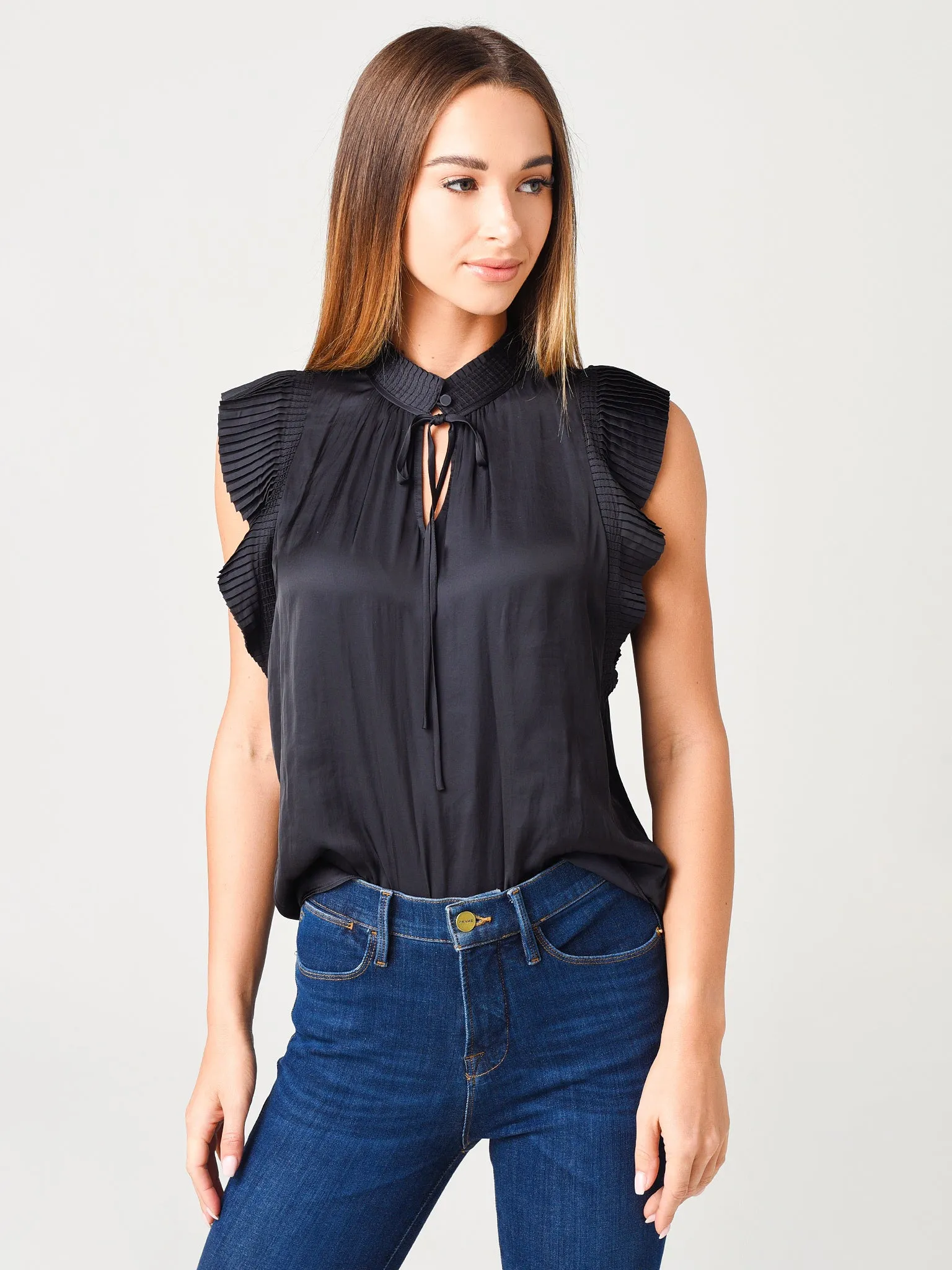     FRAME  Women's Pleated Sleeveless Keyhole Top    