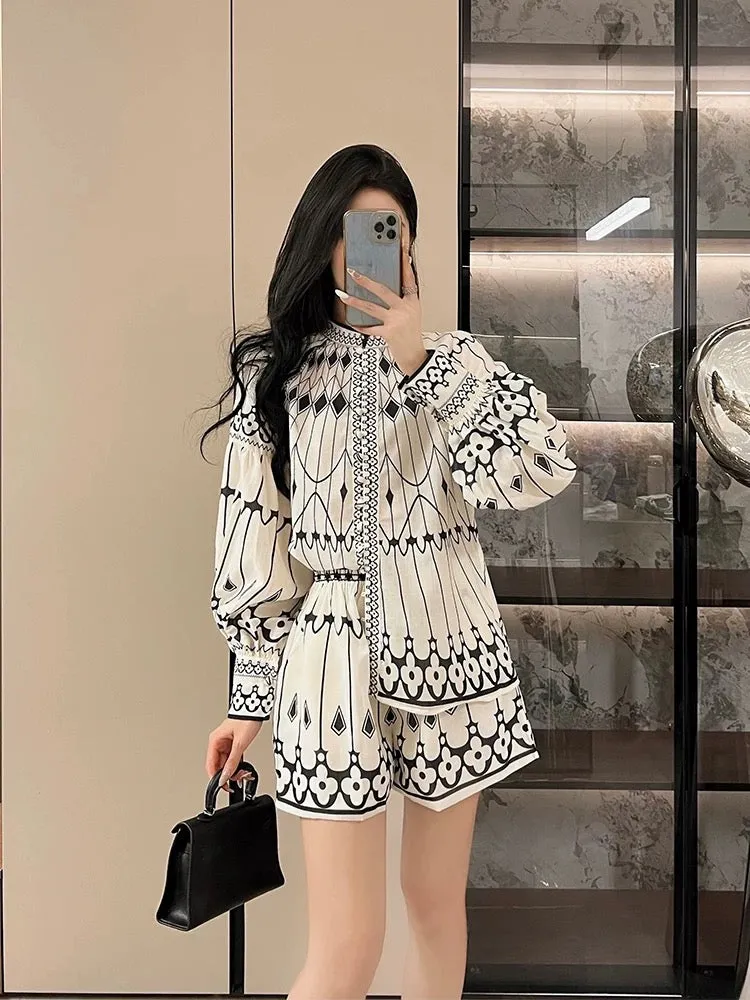 French retro palace style lantern sleeve temperament shirt high waist slimming wide leg pants shorts two-piece set women's new s