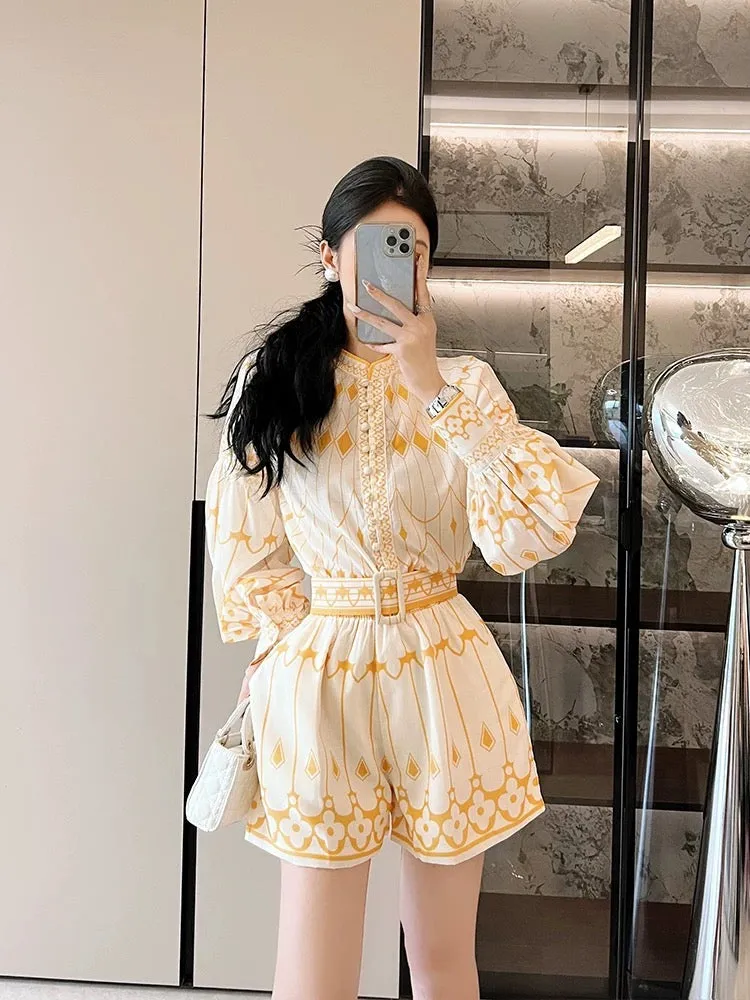 French retro palace style lantern sleeve temperament shirt high waist slimming wide leg pants shorts two-piece set women's new s