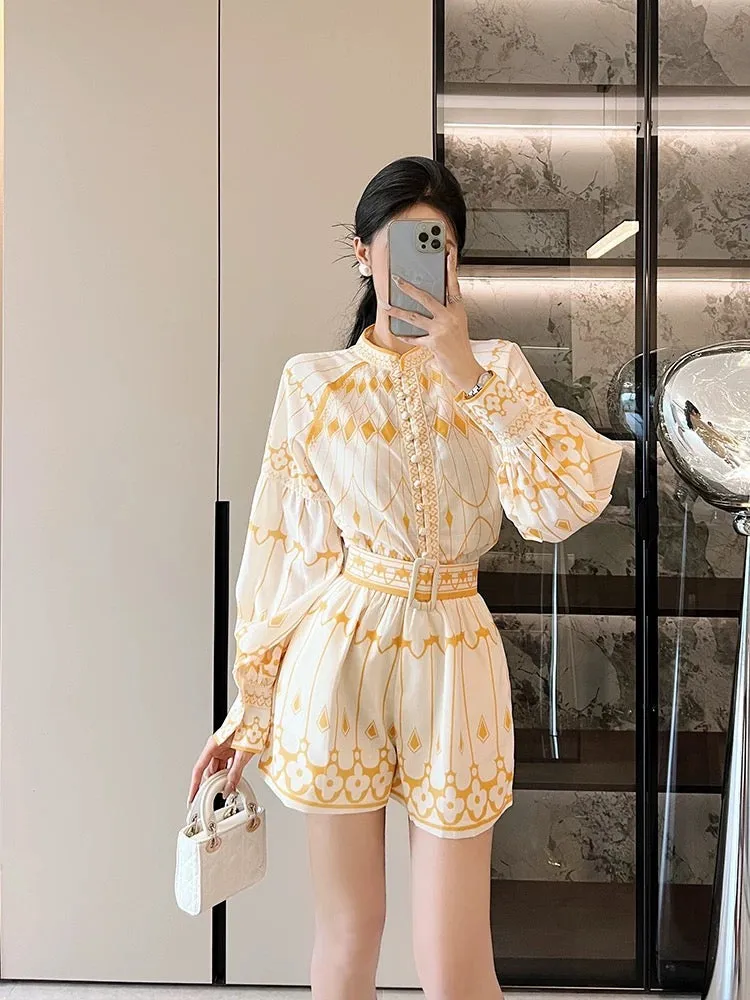 French retro palace style lantern sleeve temperament shirt high waist slimming wide leg pants shorts two-piece set women's new s