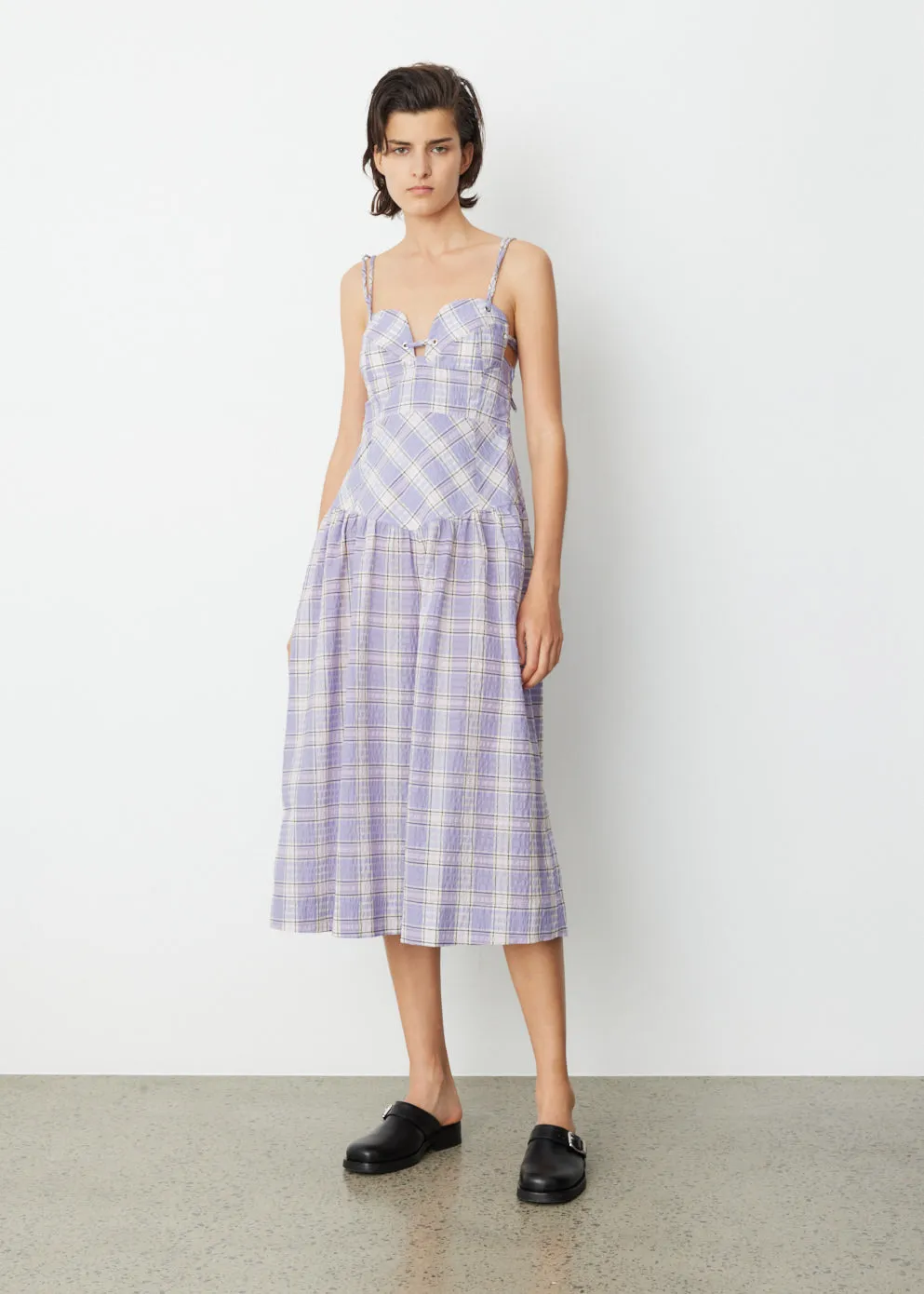 Ganni -  Seersucker Midi Strap Dress - Dress