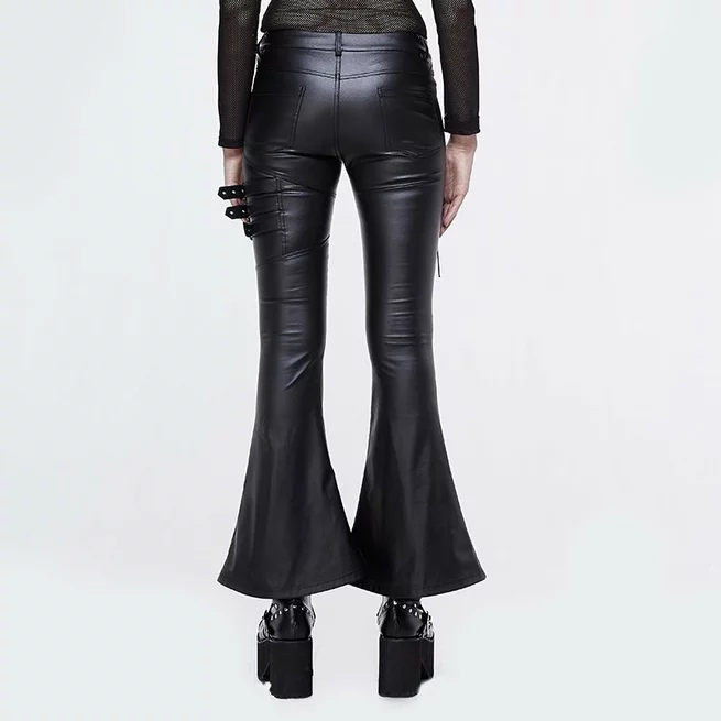 Gothic Women's Pu Leather Wide-legged Pants With Lace Buckle Straps and Pockets