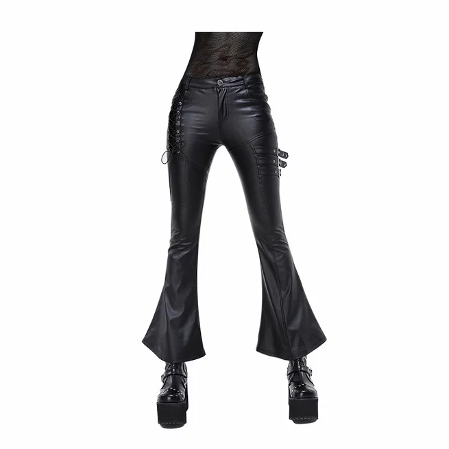 Gothic Women's Pu Leather Wide-legged Pants With Lace Buckle Straps and Pockets