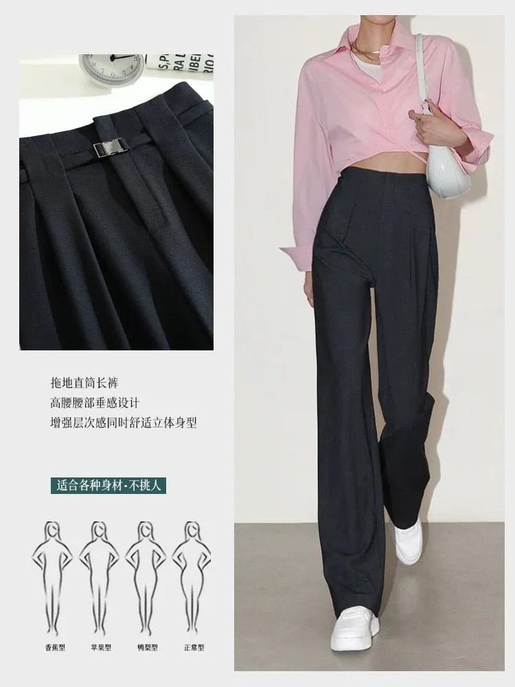 High-end narrow version wide-leg pants for women in spring, autumn and summer, high waist design, drape and slim straight-tube c