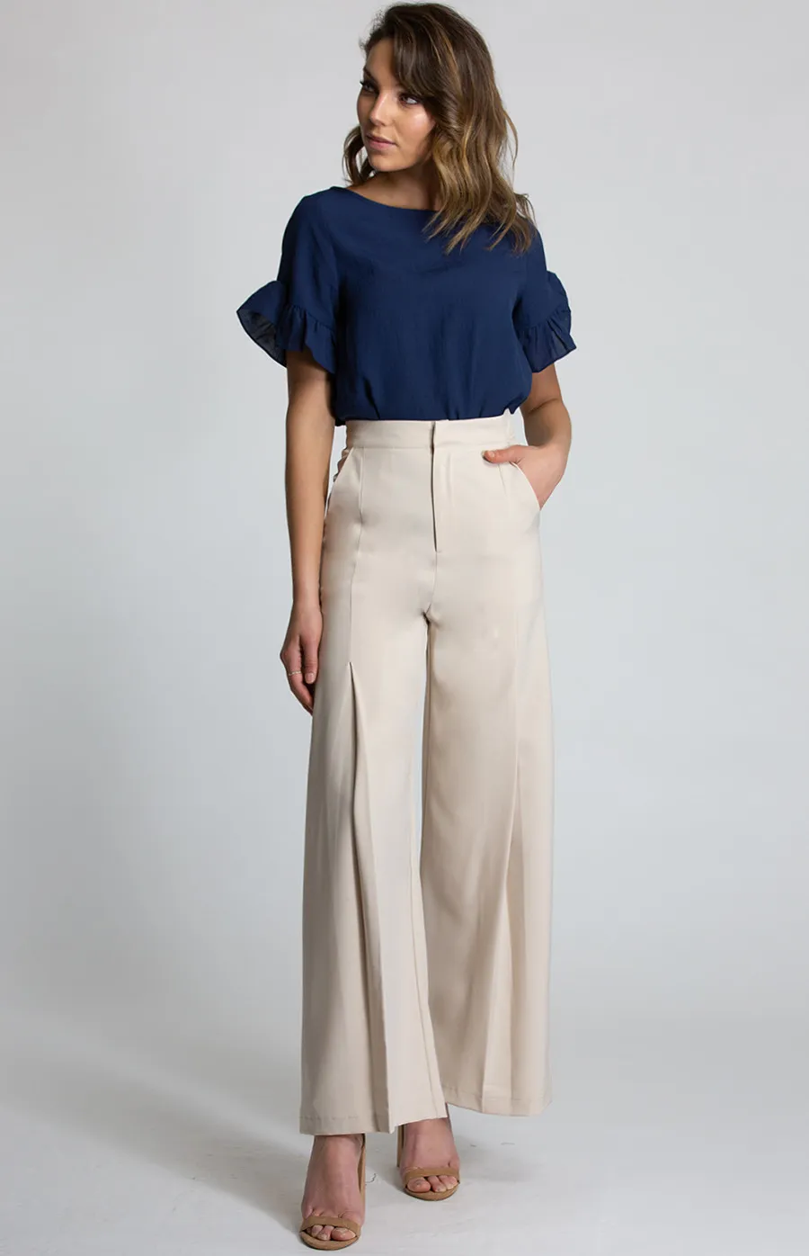 High Waisted Pants with Leg Pleat Detail (APA832B) 