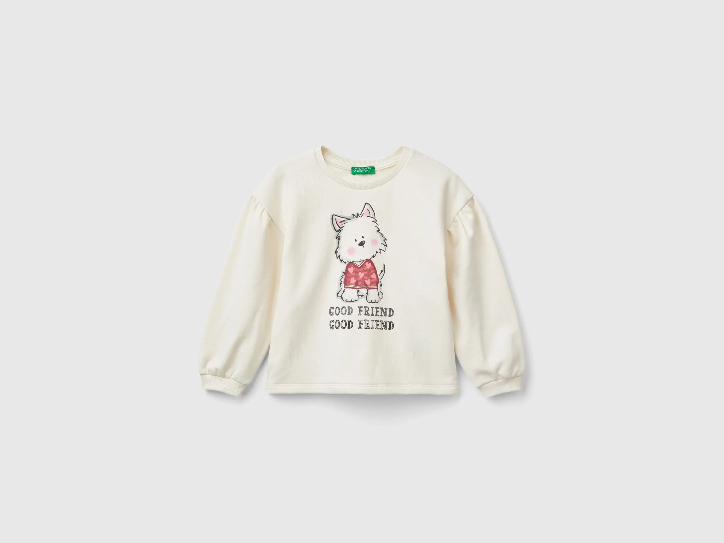 Hoodie with glittery print - Creamy White | Benetton